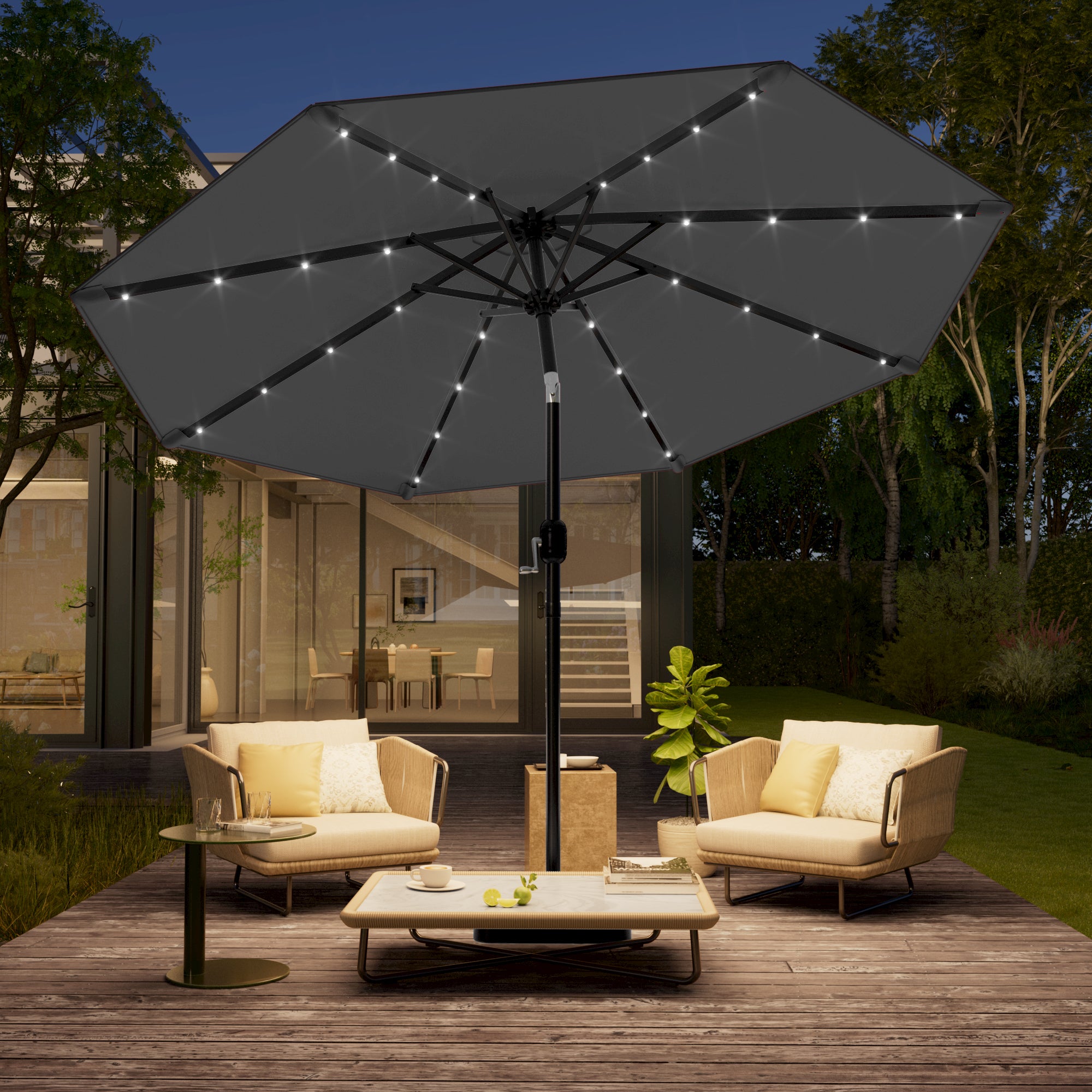 SONKUKI 10ft Solar-powered Large Round Outdoor Patio Market Umbrella with Crank