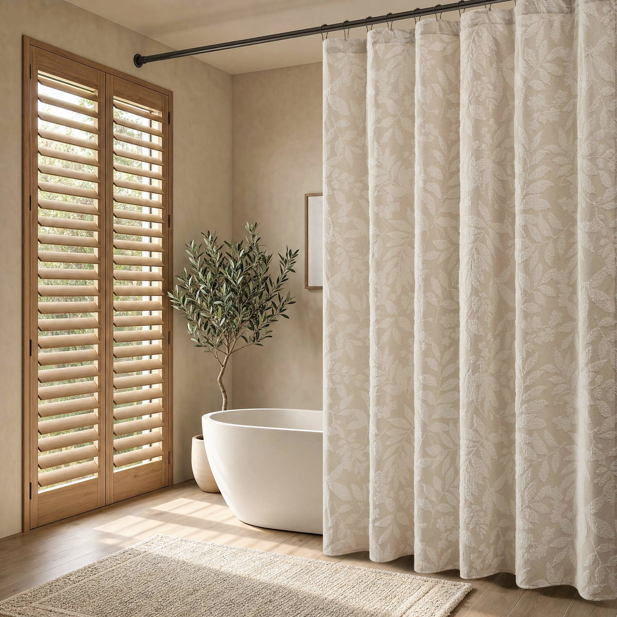1 PC 72x72" Cotton Blend Botanical Jacquard Shower Curtain, Beige - Sonkuki