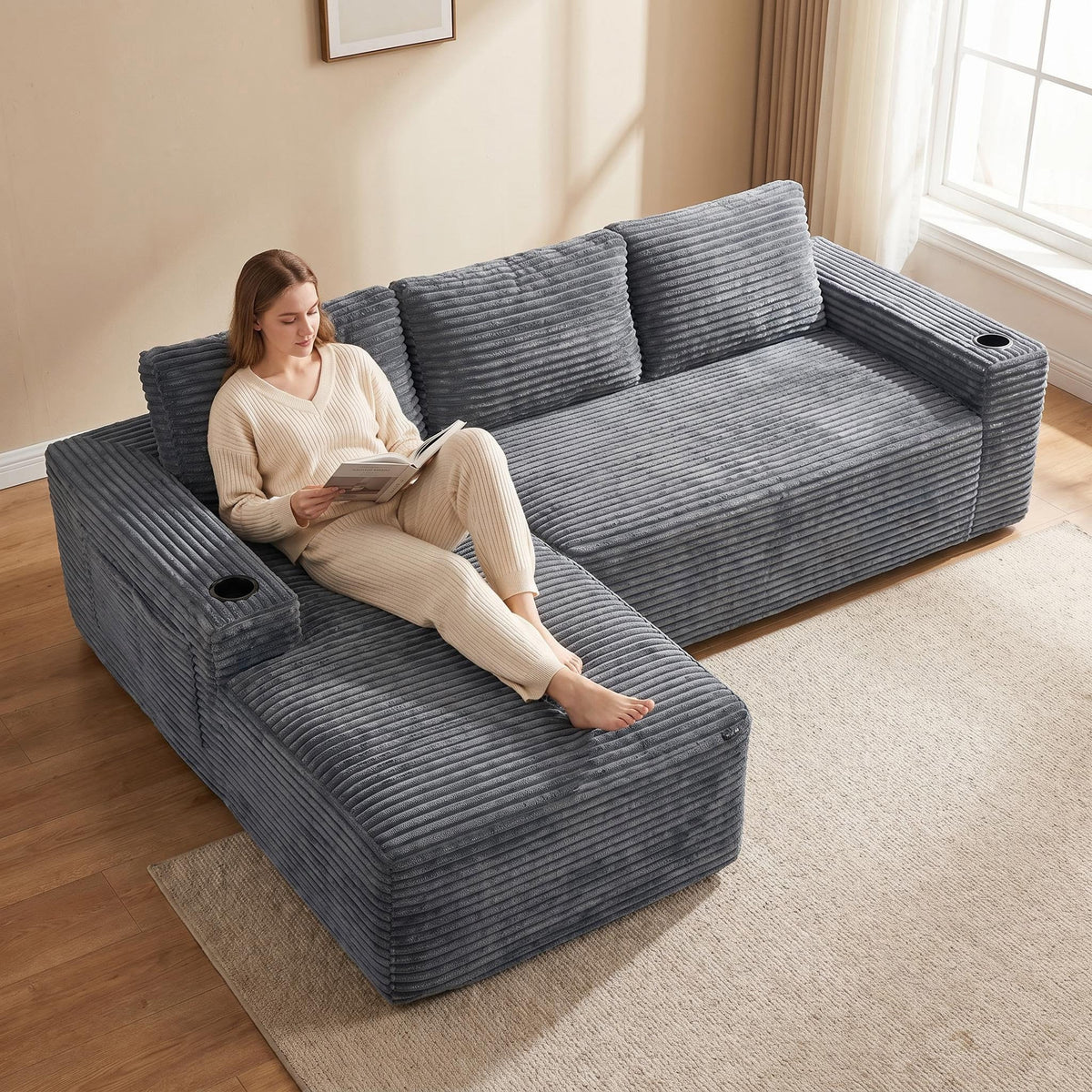 104 Inch Cloud Sectional Couch,Modern Modular Sectional Sofa with Deep Seat,Corduroy Boneless Couches with L-Shape Chaise for Living Room Bedroom,No Assembly Required - Sonkuki
