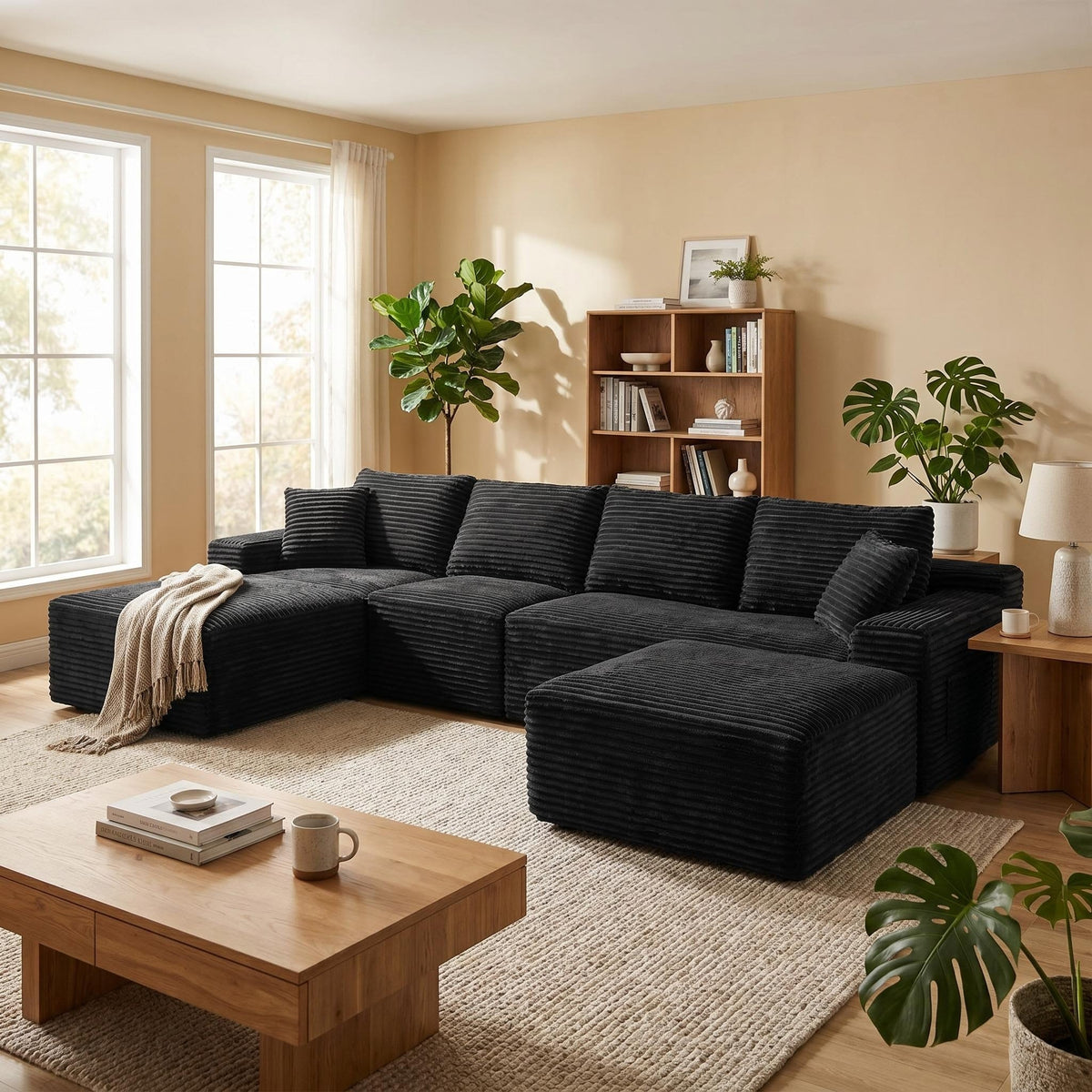 135.4" Upholstered Sectional Sofa, Corduroy Modular Floor Sofa with 2 Accent Pillows for Living Room - Sonkuki