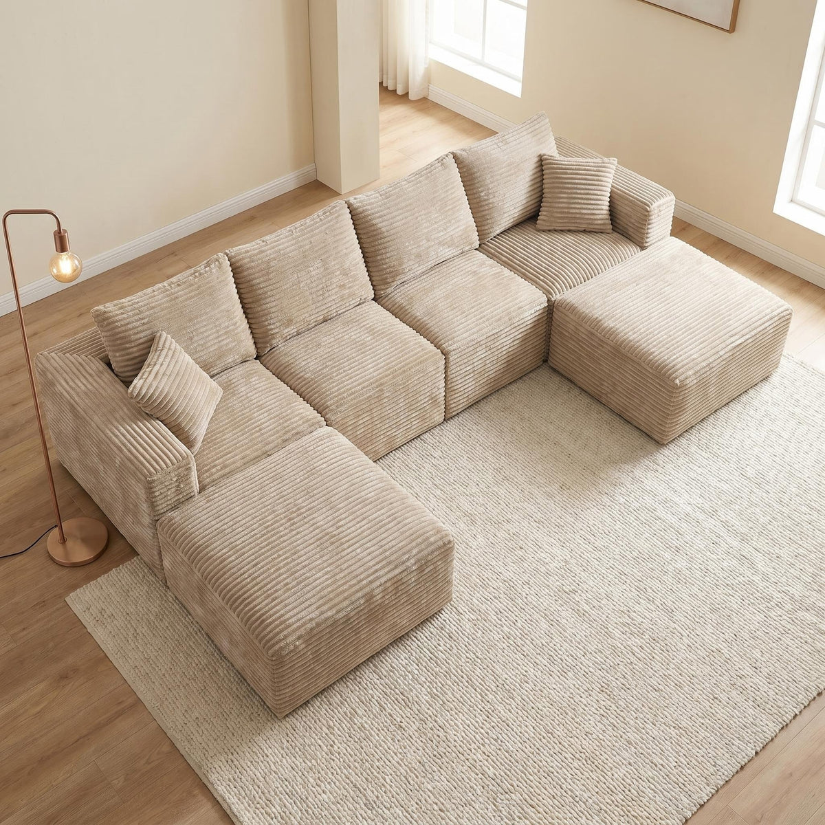135.4" Upholstered Sectional Sofa, Corduroy Modular Floor Sofa with 2 Accent Pillows for Living Room - Sonkuki