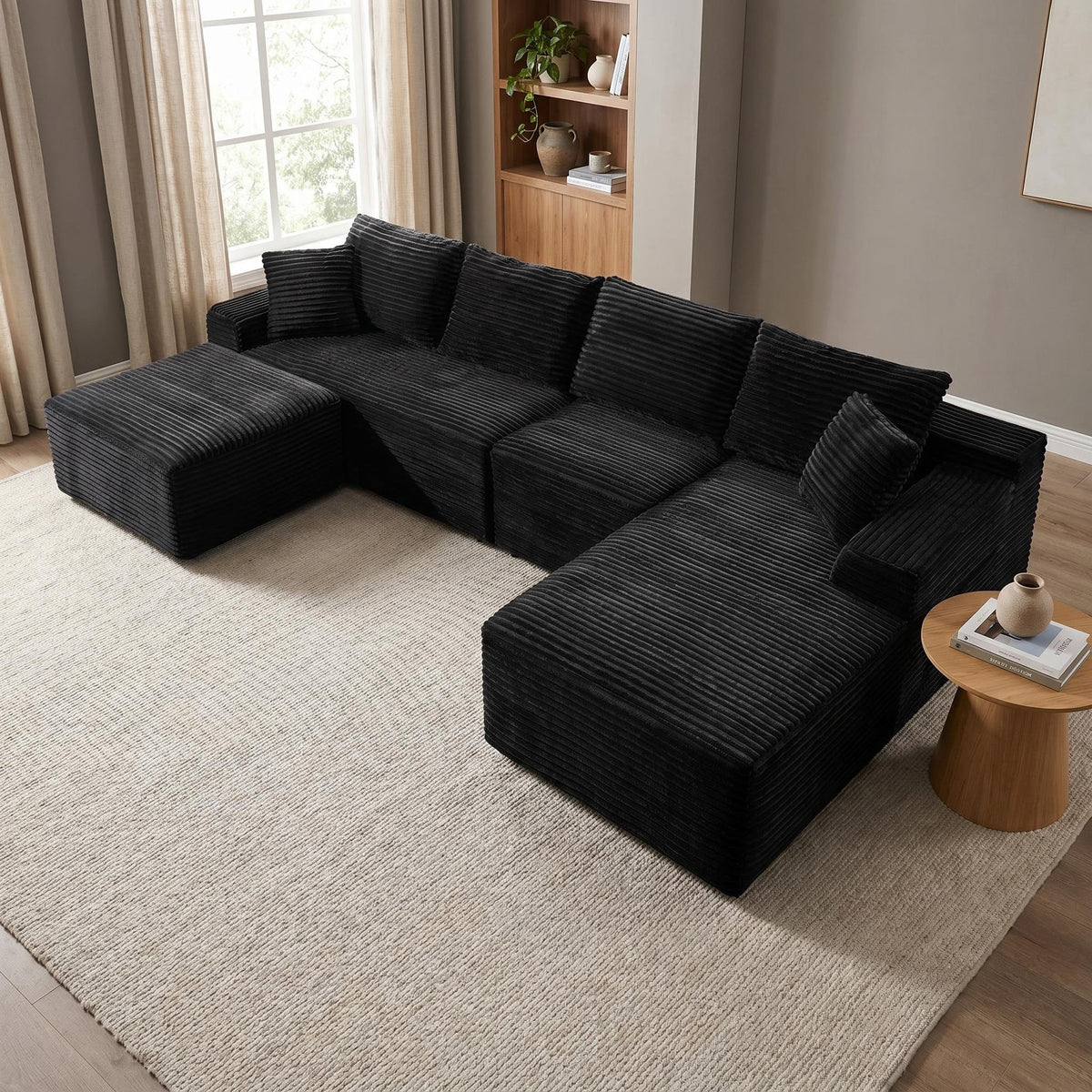 135.4" Upholstered Sectional Sofa, Corduroy Modular Floor Sofa with 2 Accent Pillows for Living Room - Sonkuki