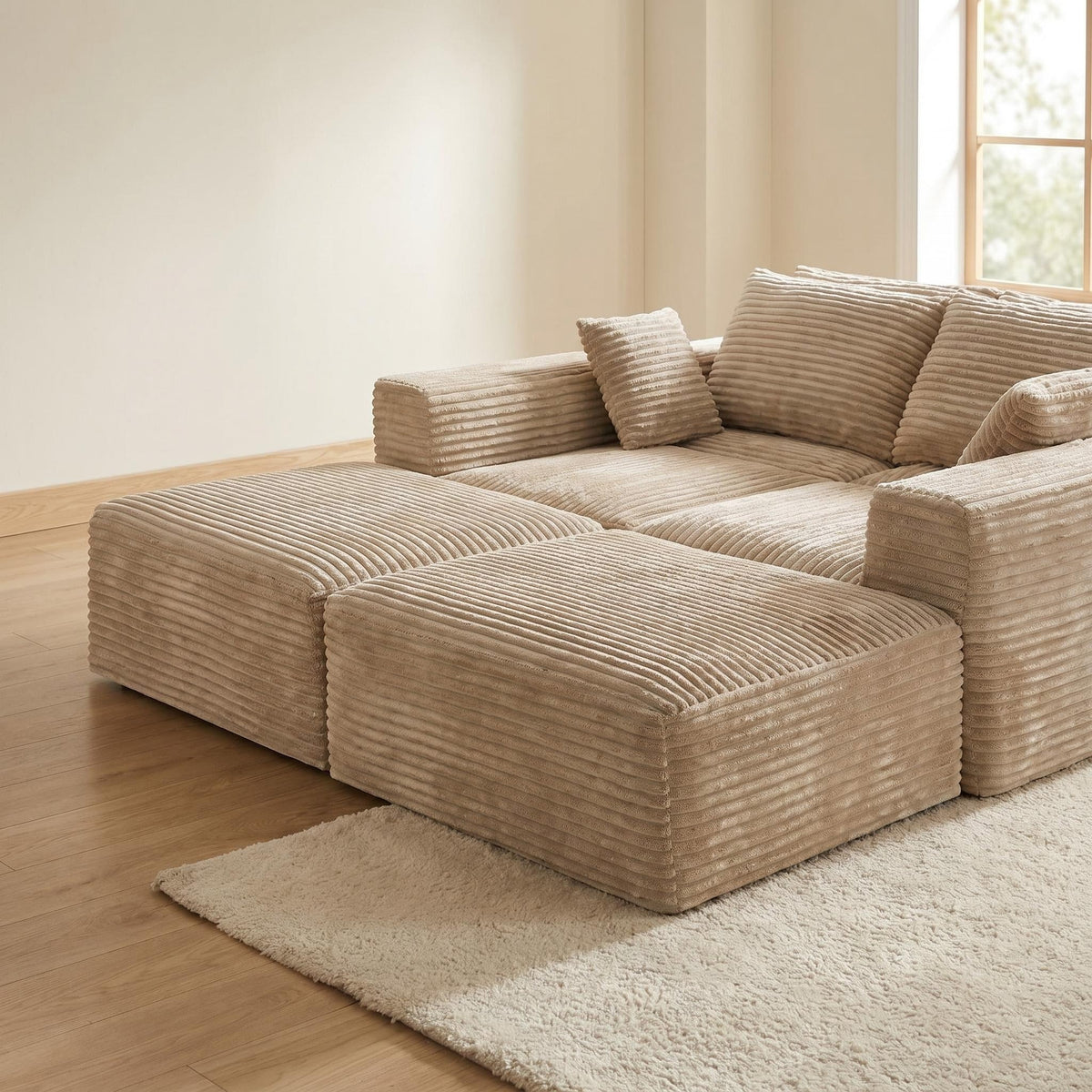 135.4" Upholstered Sectional Sofa, Corduroy Modular Floor Sofa with 2 Accent Pillows for Living Room - Sonkuki