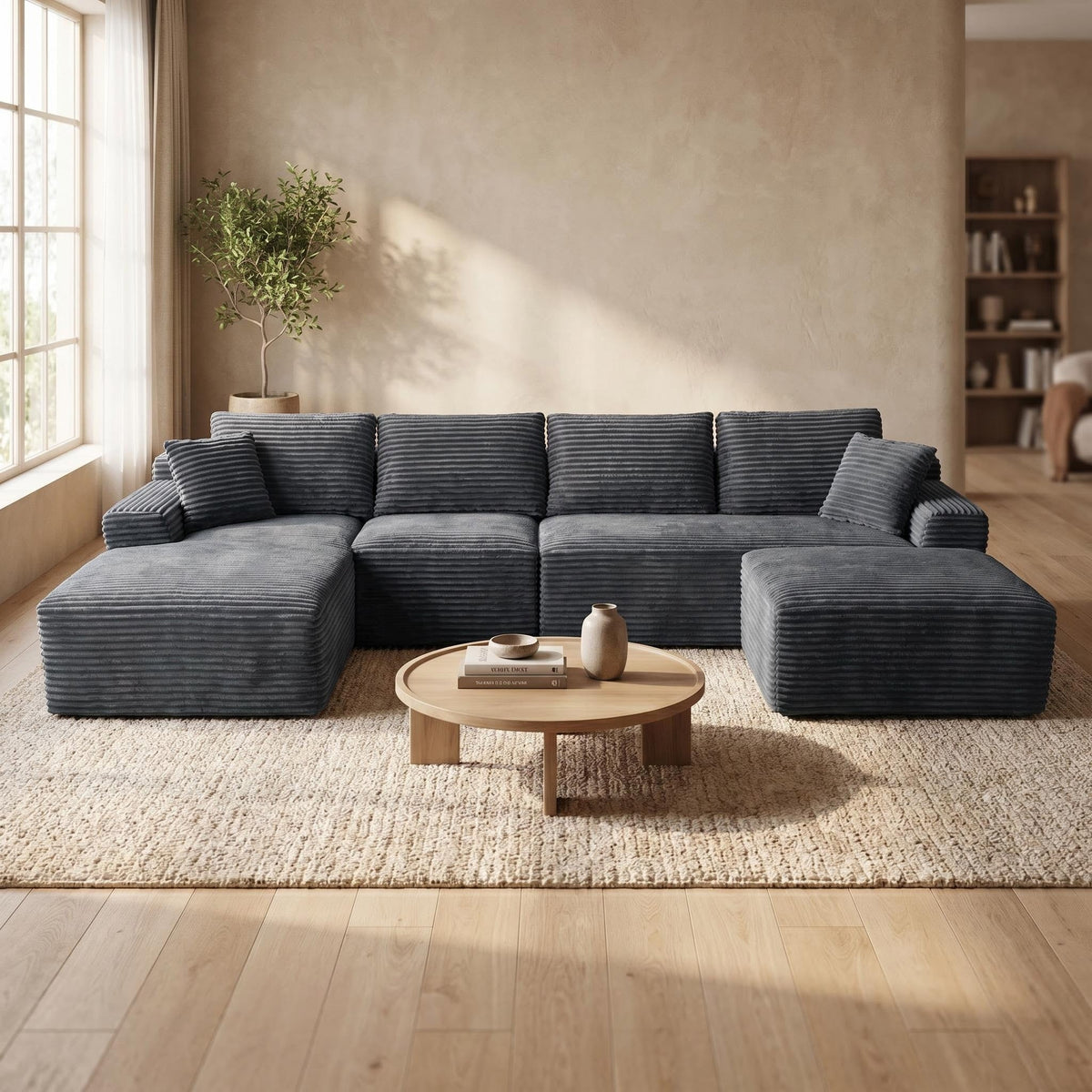 135.4" Upholstered Sectional Sofa, Corduroy Modular Floor Sofa with 2 Accent Pillows for Living Room - Sonkuki