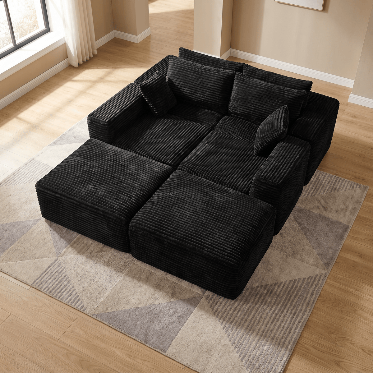 135.4" Upholstered Sectional Sofa, Corduroy Modular Floor Sofa with 2 Accent Pillows for Living Room - Sonkuki