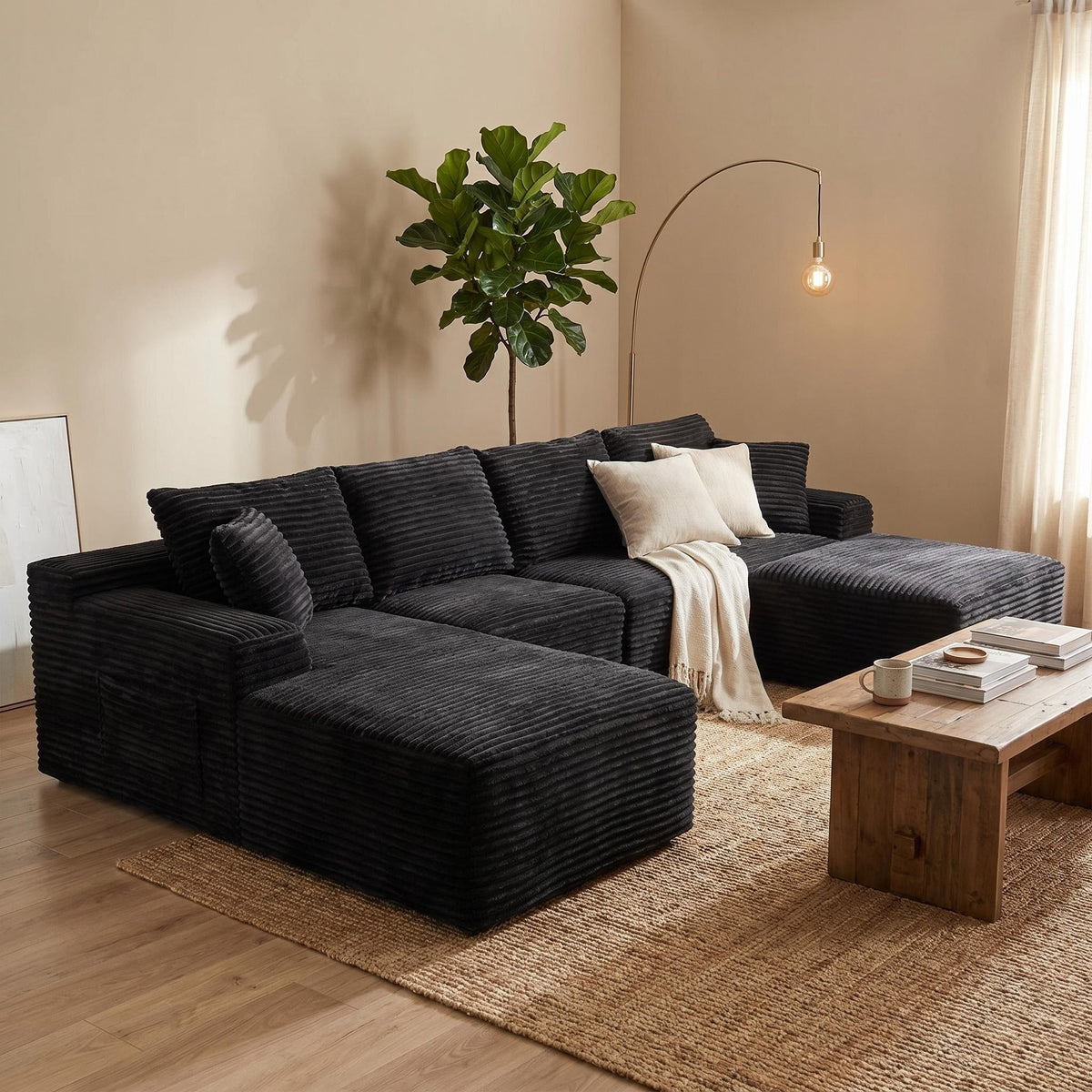 135.4" Upholstered Sectional Sofa, Corduroy Modular Floor Sofa with 2 Accent Pillows for Living Room - Sonkuki