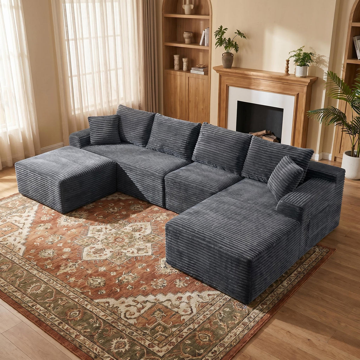 135.4" Upholstered Sectional Sofa, Corduroy Modular Floor Sofa with 2 Accent Pillows for Living Room - Sonkuki