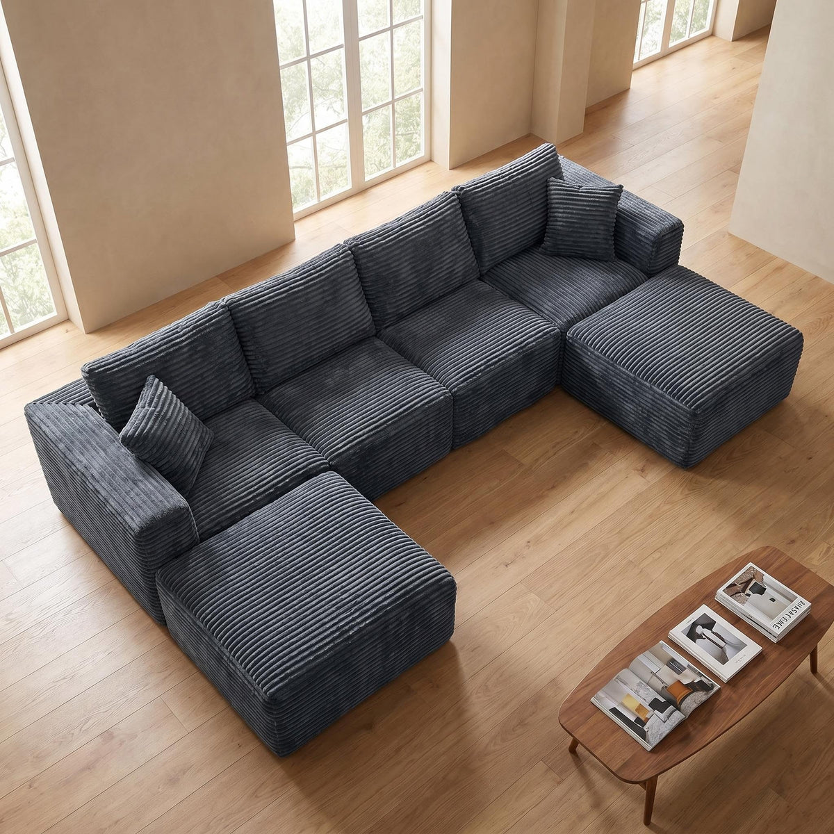 135.4" Upholstered Sectional Sofa, Corduroy Modular Floor Sofa with 2 Accent Pillows for Living Room - Sonkuki