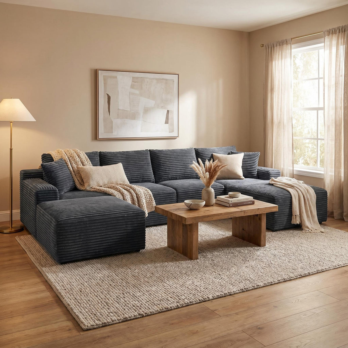 135.4" Upholstered Sectional Sofa, Corduroy Modular Floor Sofa with 2 Accent Pillows for Living Room - Sonkuki