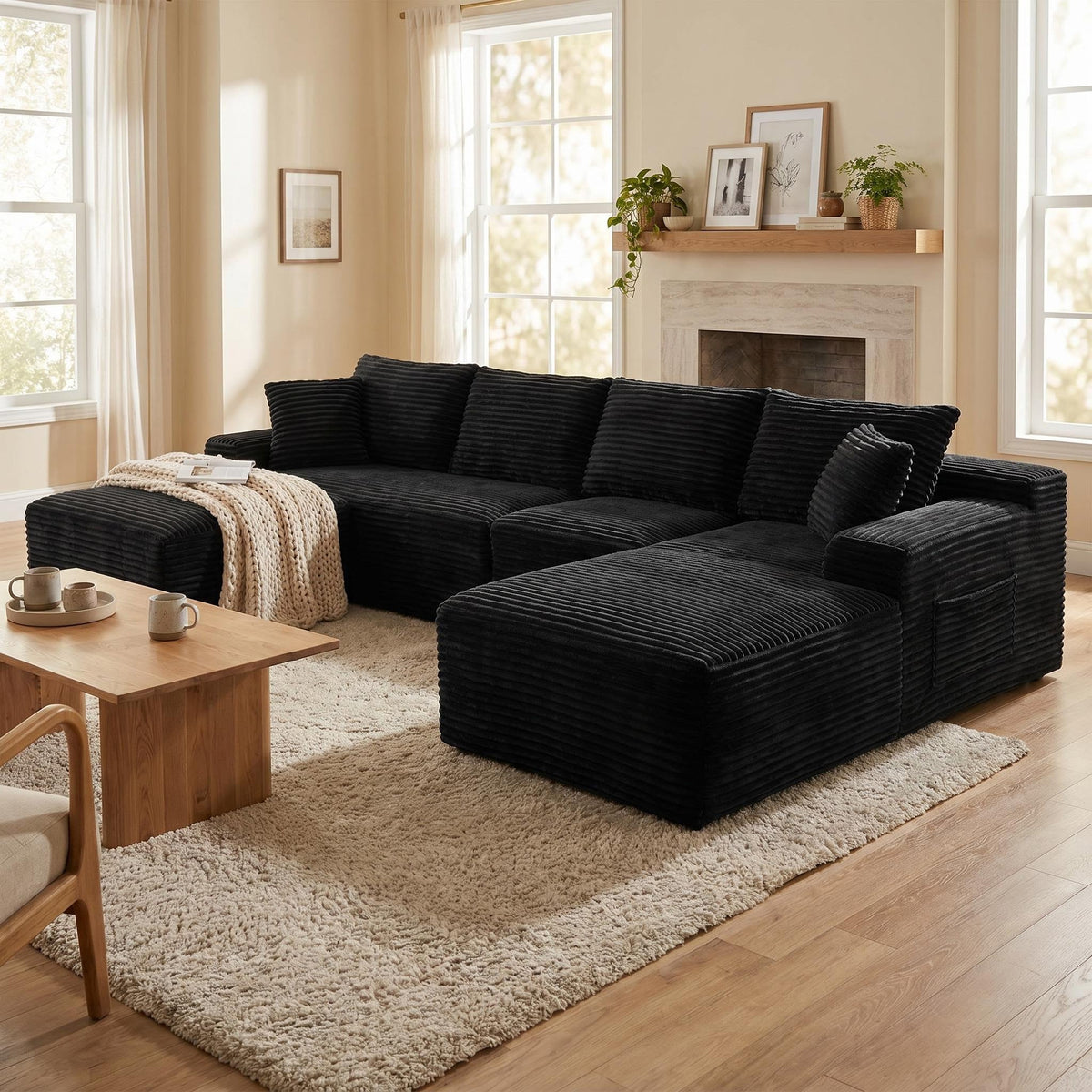 135.4" Upholstered Sectional Sofa, Corduroy Modular Floor Sofa with 2 Accent Pillows for Living Room - Sonkuki
