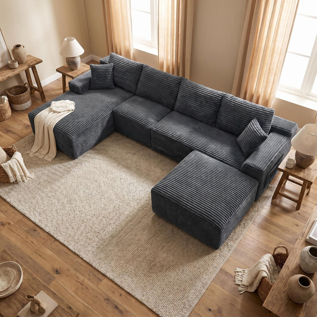 135.4" Upholstered Sectional Sofa, Corduroy Modular Floor Sofa with 2 Accent Pillows for Living Room - Sonkuki