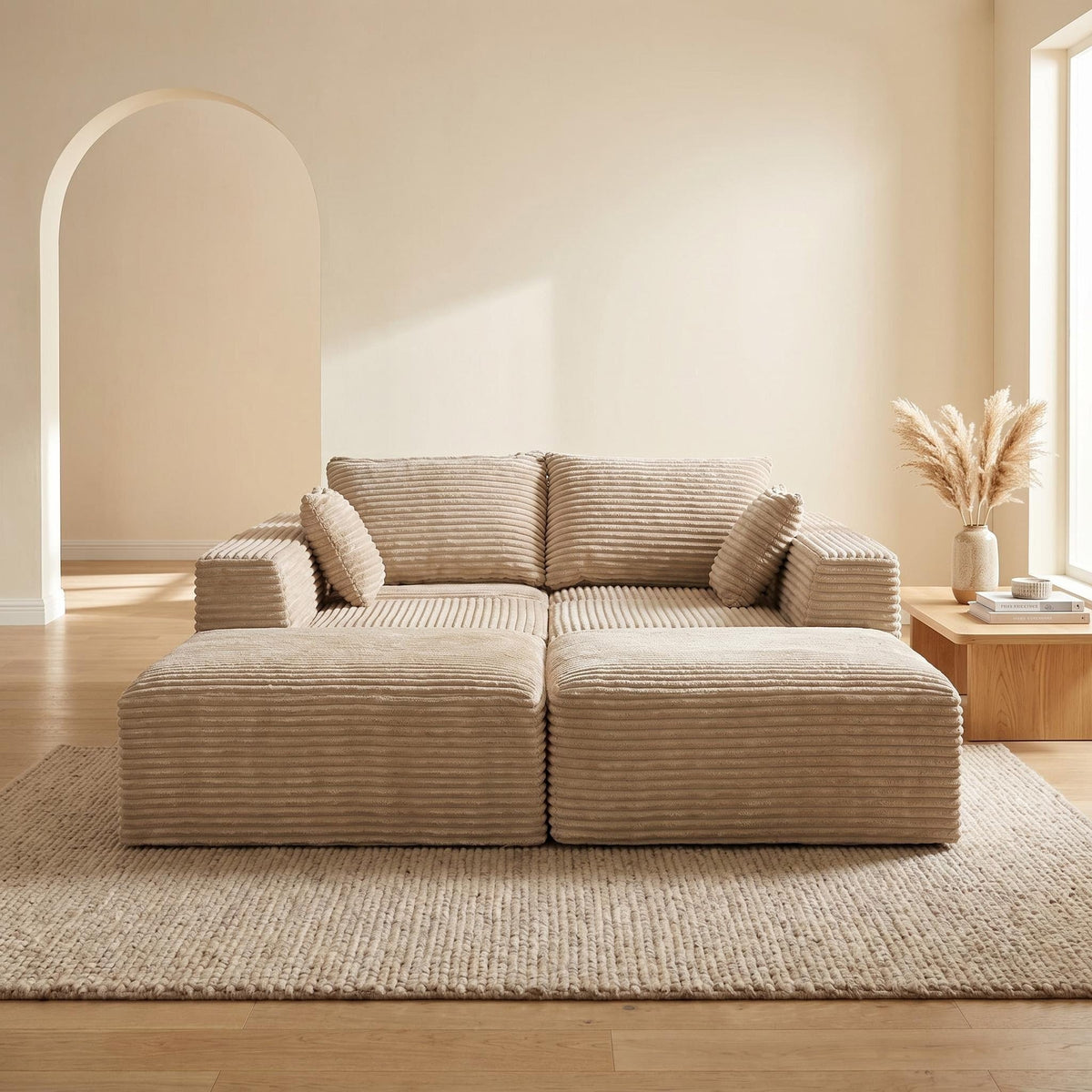 135.4" Upholstered Sectional Sofa, Corduroy Modular Floor Sofa with 2 Accent Pillows for Living Room - Sonkuki
