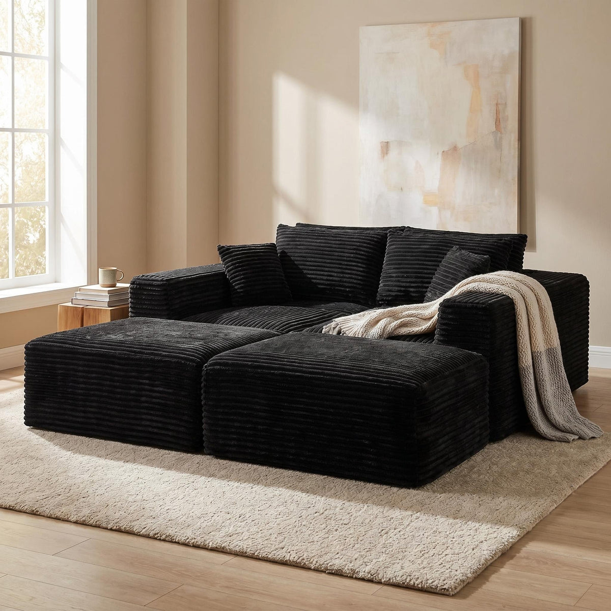135.4" Upholstered Sectional Sofa, Corduroy Modular Floor Sofa with 2 Accent Pillows for Living Room - Sonkuki