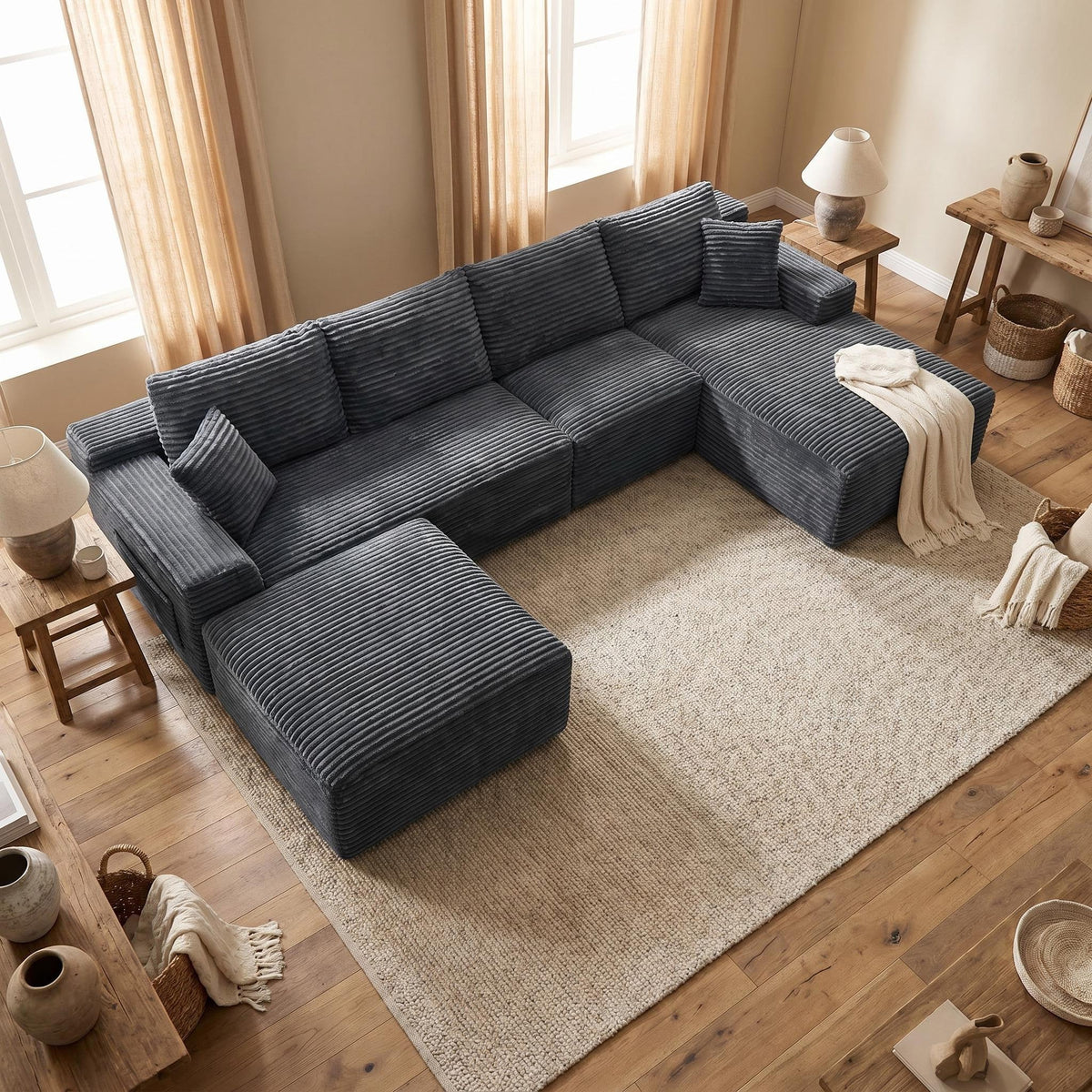 135.4" Upholstered Sectional Sofa, Corduroy Modular Floor Sofa with 2 Accent Pillows for Living Room - Sonkuki