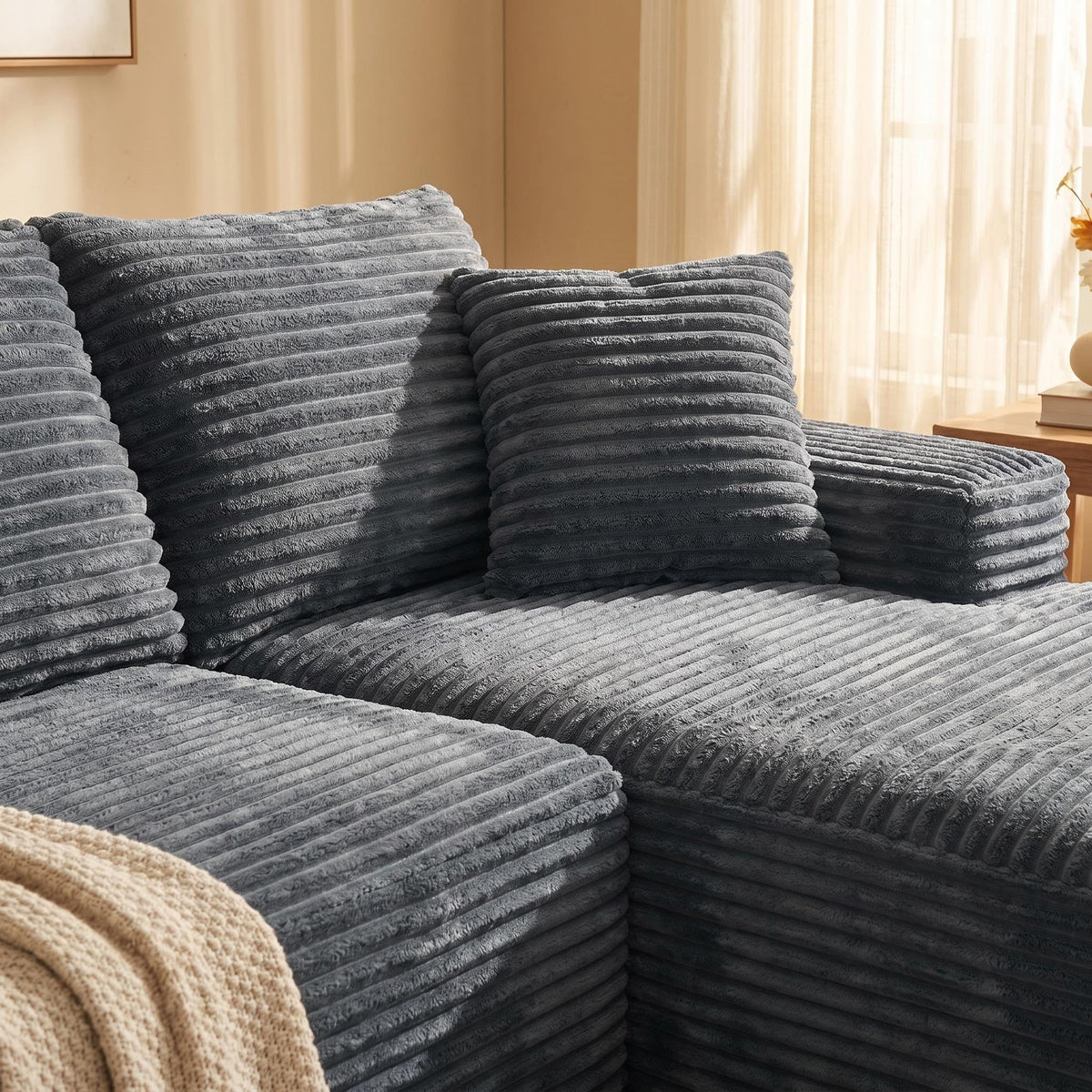 135.4" Upholstered Sectional Sofa, Corduroy Modular Floor Sofa with 2 Accent Pillows for Living Room - Sonkuki