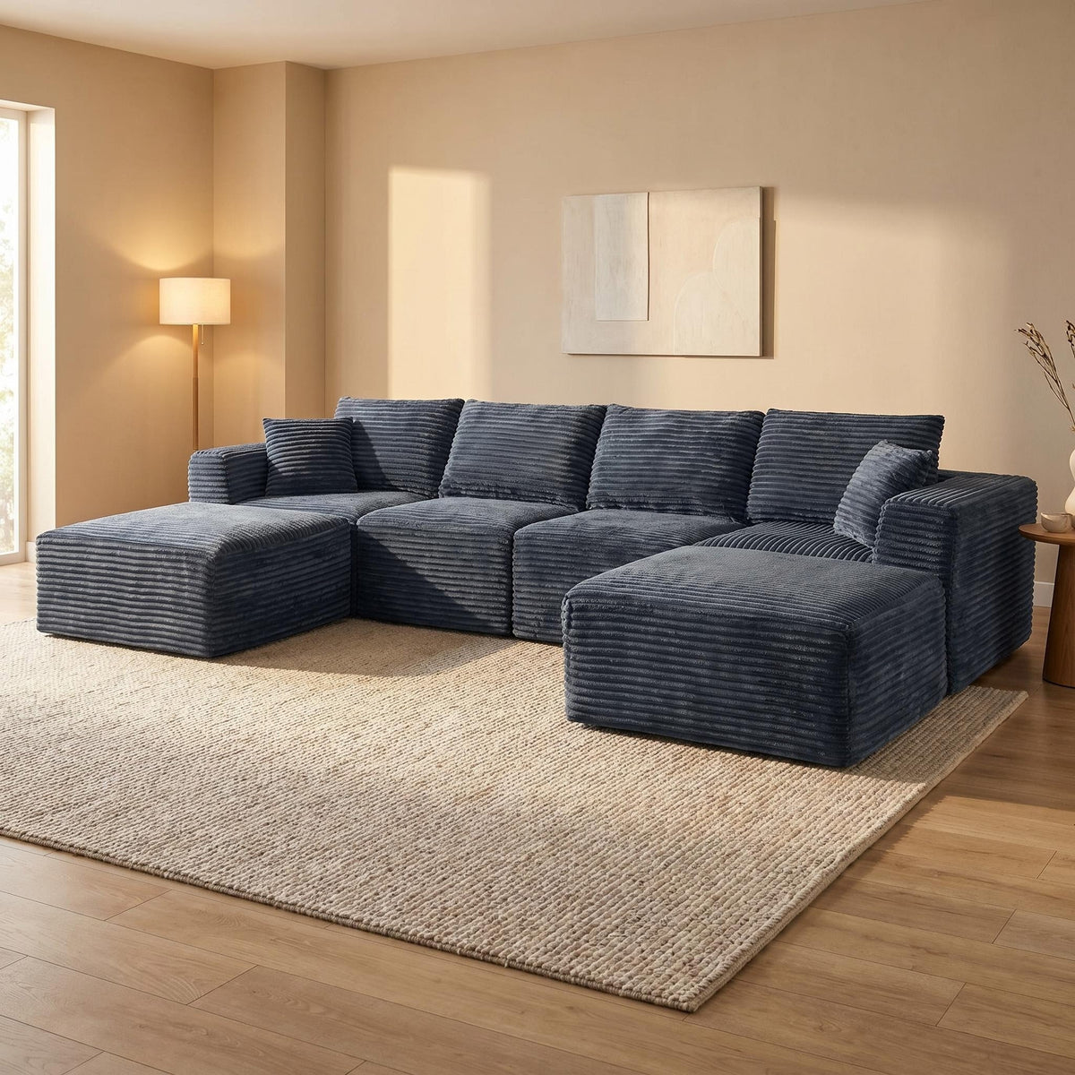 135.4" Upholstered Sectional Sofa, Corduroy Modular Floor Sofa with 2 Accent Pillows for Living Room - Sonkuki