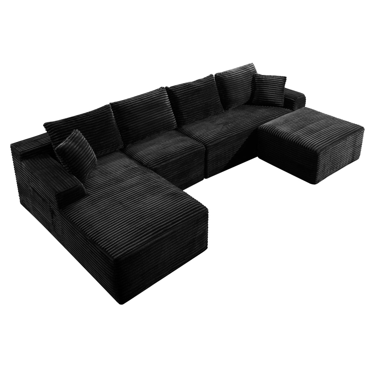 135.4" Upholstered Sectional Sofa, Corduroy Modular Floor Sofa with 2 Accent Pillows for Living Room - Sonkuki
