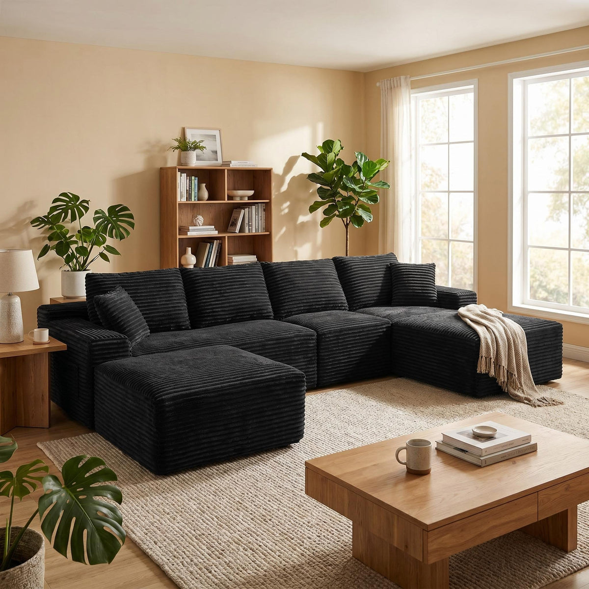 135.4" Upholstered Sectional Sofa, Corduroy Modular Floor Sofa with 2 Accent Pillows for Living Room - Sonkuki