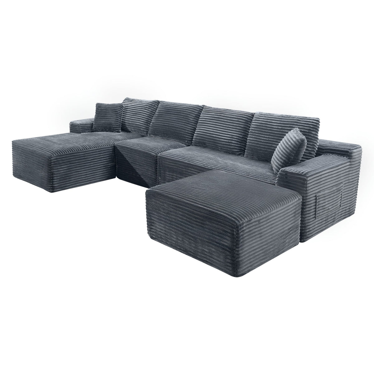 135.4" Upholstered Sectional Sofa, Corduroy Modular Floor Sofa with 2 Accent Pillows for Living Room - Sonkuki