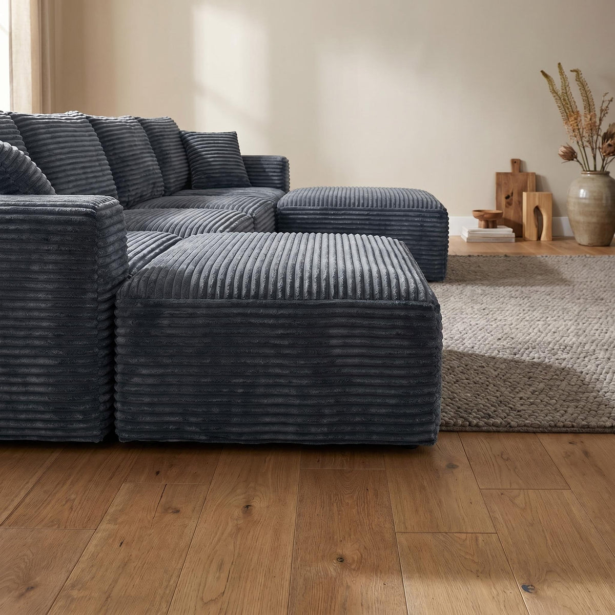 135.4" Upholstered Sectional Sofa, Corduroy Modular Floor Sofa with 2 Accent Pillows for Living Room - Sonkuki