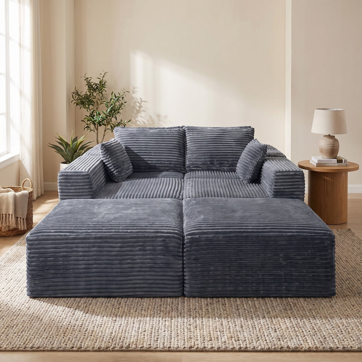 135.4" Upholstered Sectional Sofa, Corduroy Modular Floor Sofa with 2 Accent Pillows for Living Room - Sonkuki