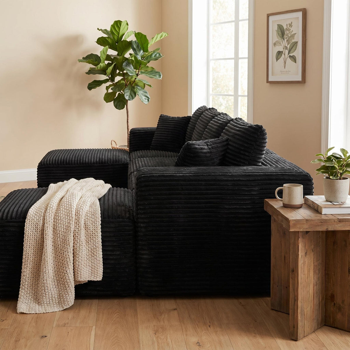 135.4" Upholstered Sectional Sofa, Corduroy Modular Floor Sofa with 2 Accent Pillows for Living Room - Sonkuki
