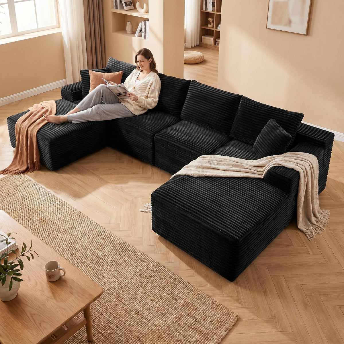 135.4" Upholstered Sectional Sofa, Corduroy Modular Floor Sofa with 2 Accent Pillows for Living Room - Sonkuki