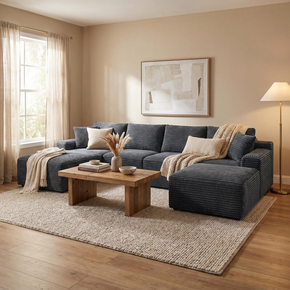 135.4" Upholstered Sectional Sofa, Corduroy Modular Floor Sofa with 2 Accent Pillows for Living Room - Sonkuki