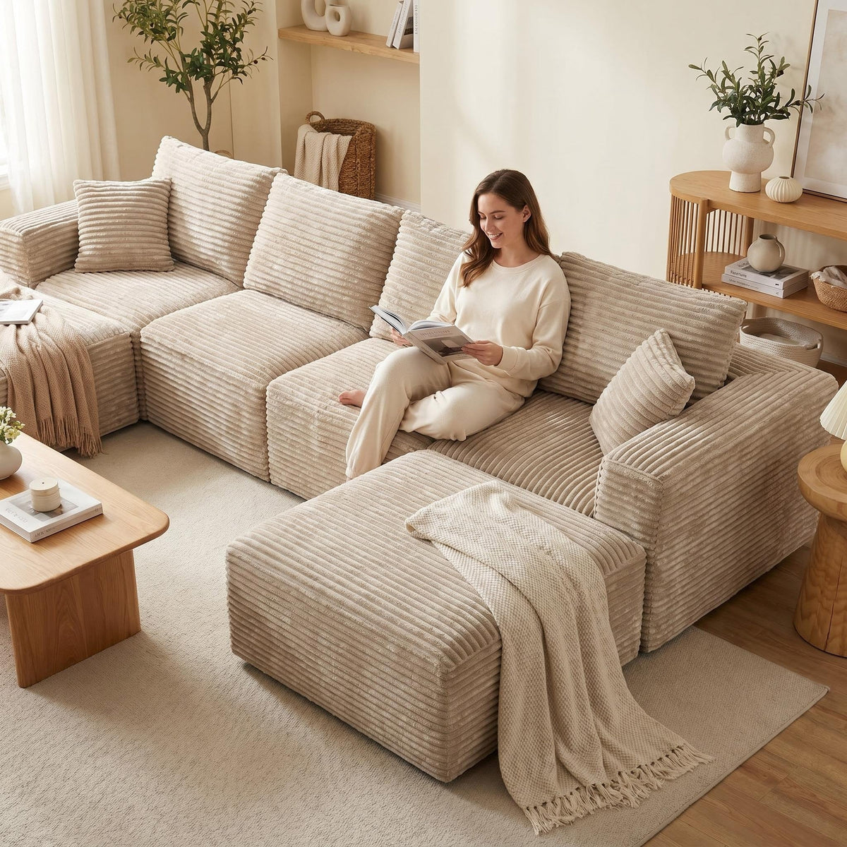 135.4" Upholstered Sectional Sofa, Corduroy Modular Floor Sofa with 2 Accent Pillows for Living Room - Sonkuki