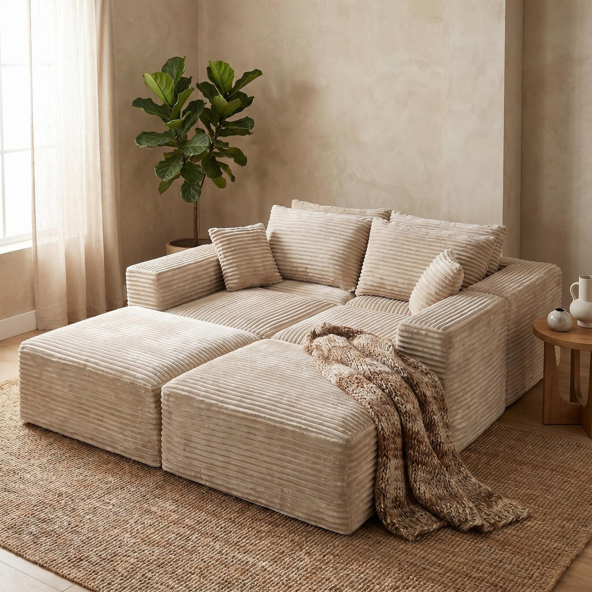 135.4" Upholstered Sectional Sofa, Corduroy Modular Floor Sofa with 2 Accent Pillows for Living Room - Sonkuki