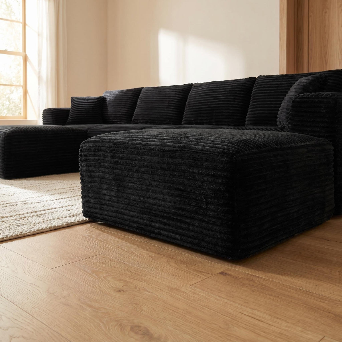 135.4" Upholstered Sectional Sofa, Corduroy Modular Floor Sofa with 2 Accent Pillows for Living Room - Sonkuki