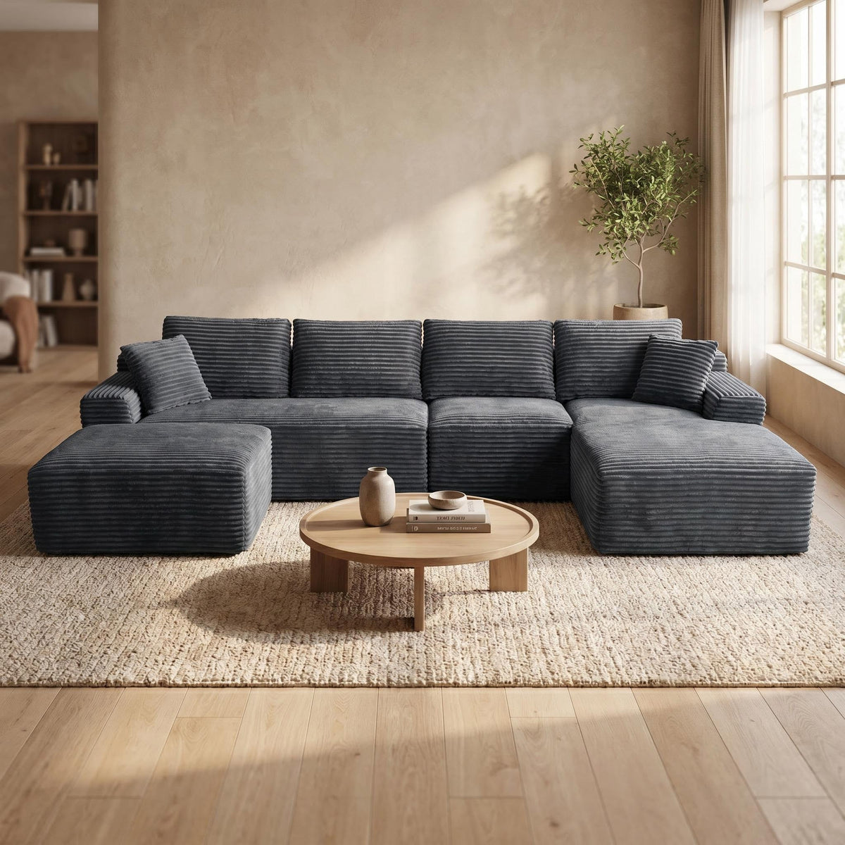 135.4" Upholstered Sectional Sofa, Corduroy Modular Floor Sofa with 2 Accent Pillows for Living Room - Sonkuki
