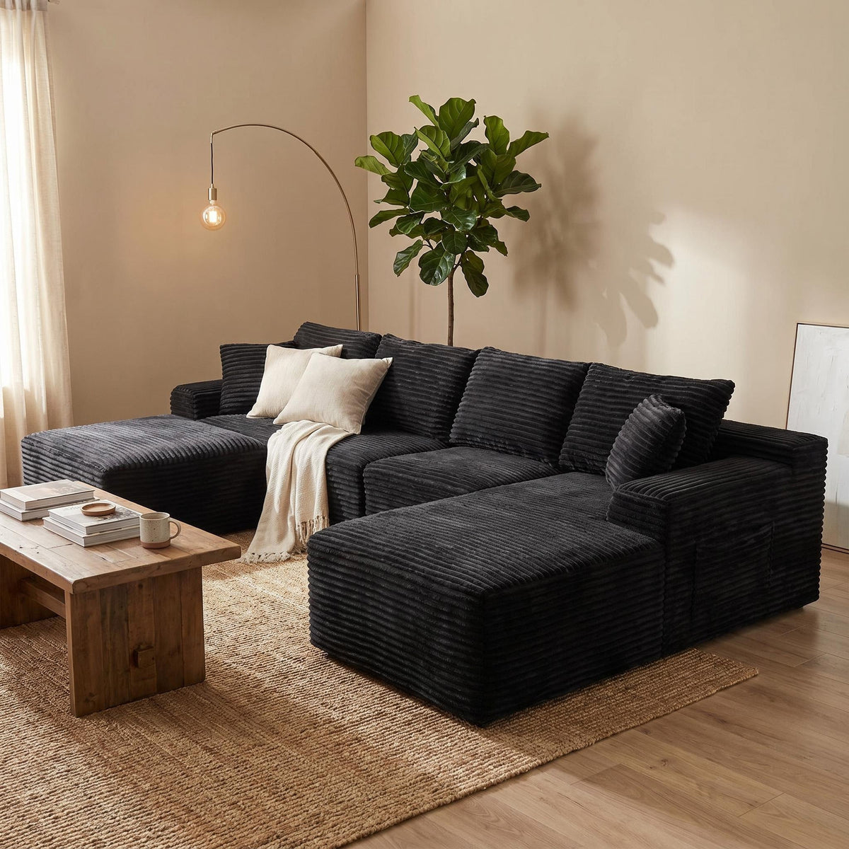 135.4" Upholstered Sectional Sofa, Corduroy Modular Floor Sofa with 2 Accent Pillows for Living Room - Sonkuki