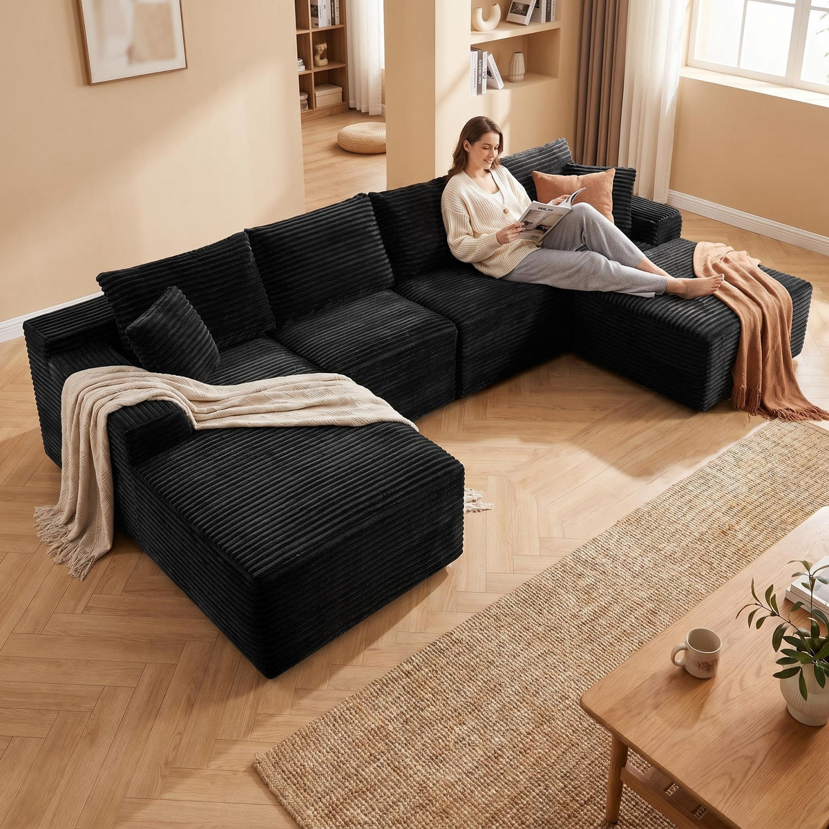 135.4" Upholstered Sectional Sofa, Corduroy Modular Floor Sofa with 2 Accent Pillows for Living Room - Sonkuki