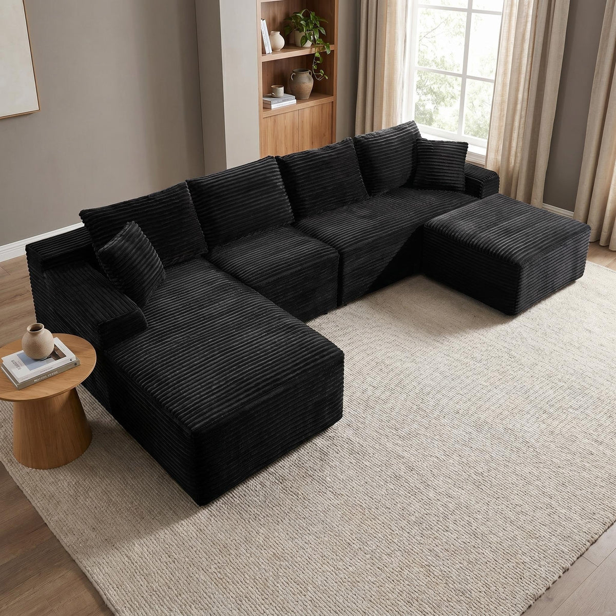 135.4" Upholstered Sectional Sofa, Corduroy Modular Floor Sofa with 2 Accent Pillows for Living Room - Sonkuki