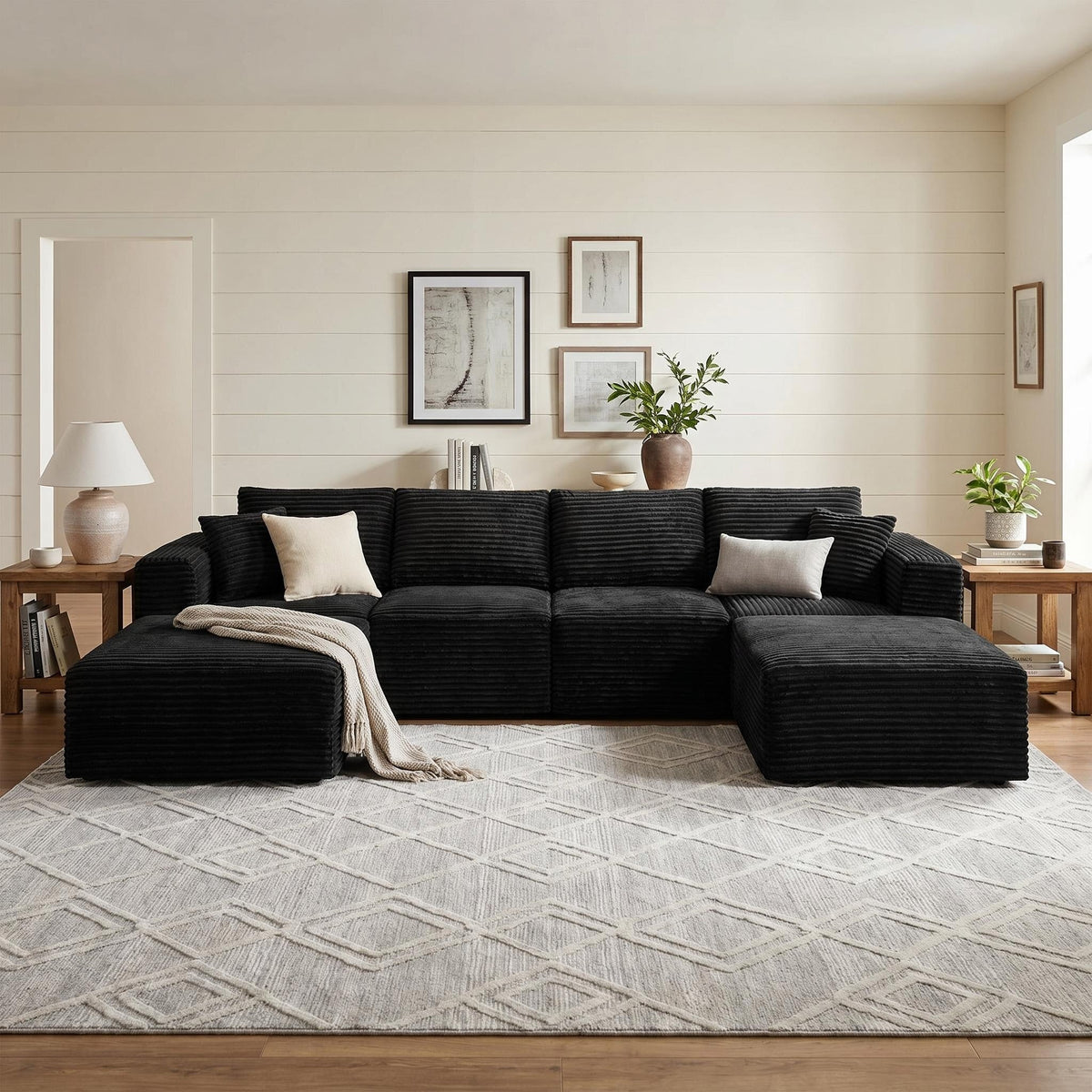 135.4" Upholstered Sectional Sofa, Corduroy Modular Floor Sofa with 2 Accent Pillows for Living Room - Sonkuki