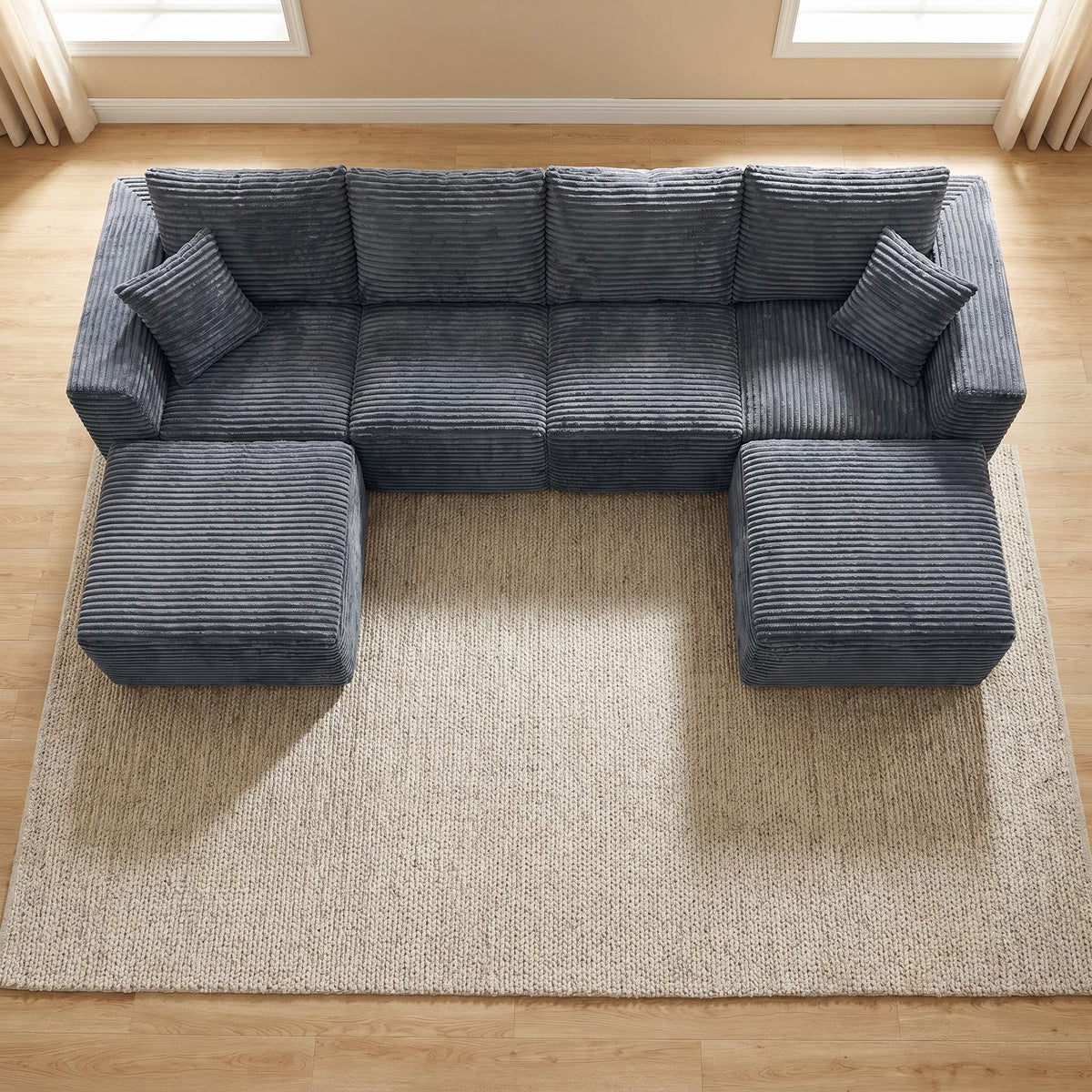 135.4" Upholstered Sectional Sofa, Corduroy Modular Floor Sofa with 2 Accent Pillows for Living Room - Sonkuki