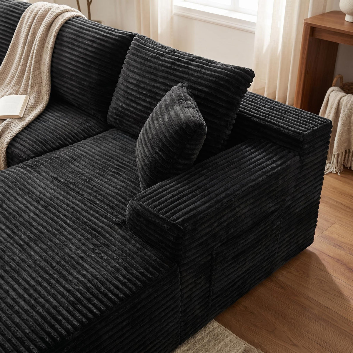 135.4" Upholstered Sectional Sofa, Corduroy Modular Floor Sofa with 2 Accent Pillows for Living Room - Sonkuki