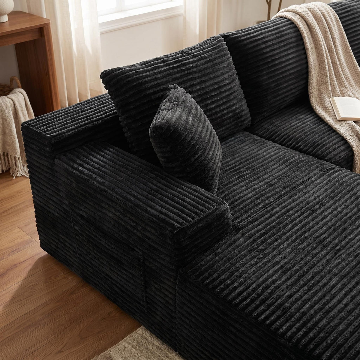 135.4" Upholstered Sectional Sofa, Corduroy Modular Floor Sofa with 2 Accent Pillows for Living Room - Sonkuki