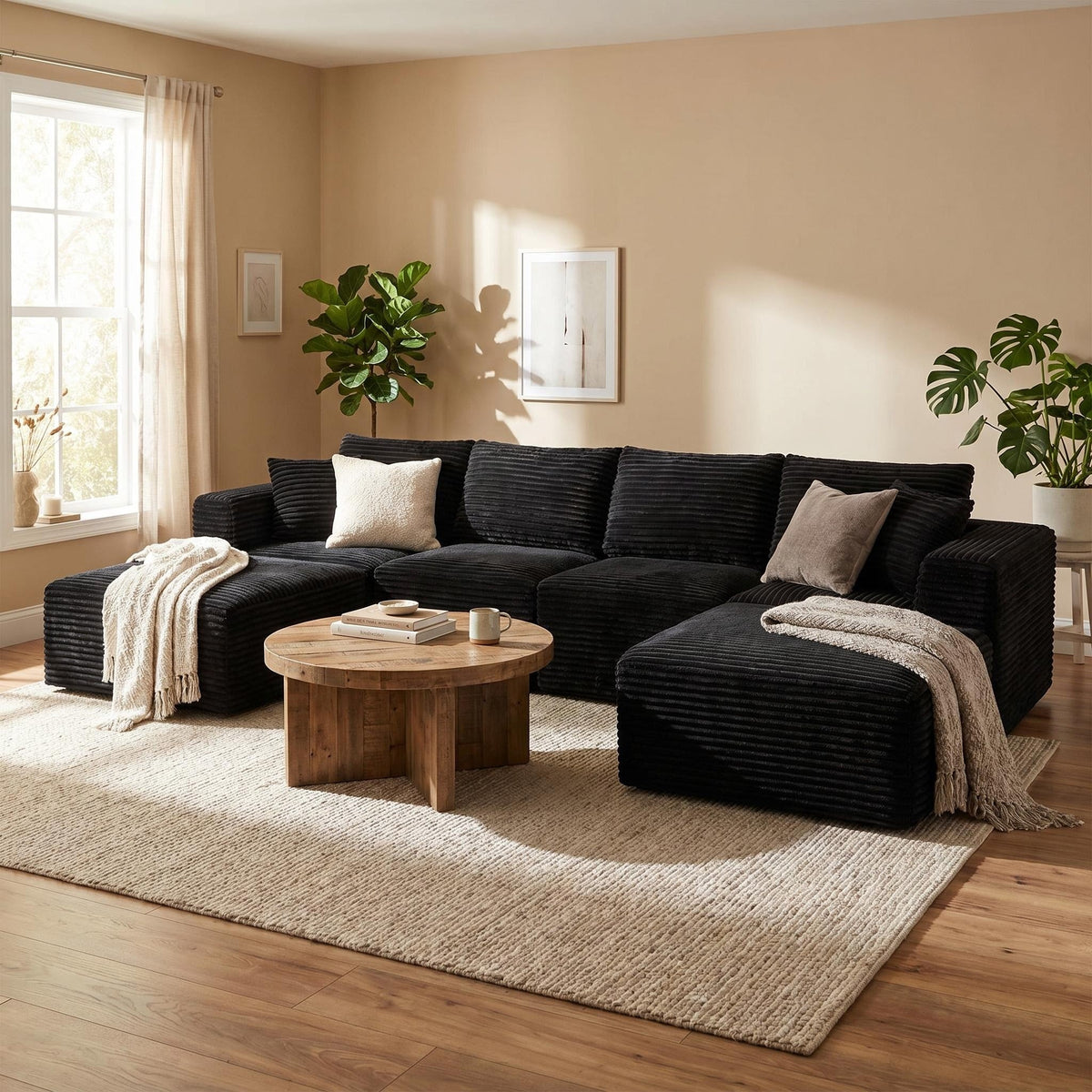 135.4" Upholstered Sectional Sofa, Corduroy Modular Floor Sofa with 2 Accent Pillows for Living Room - Sonkuki