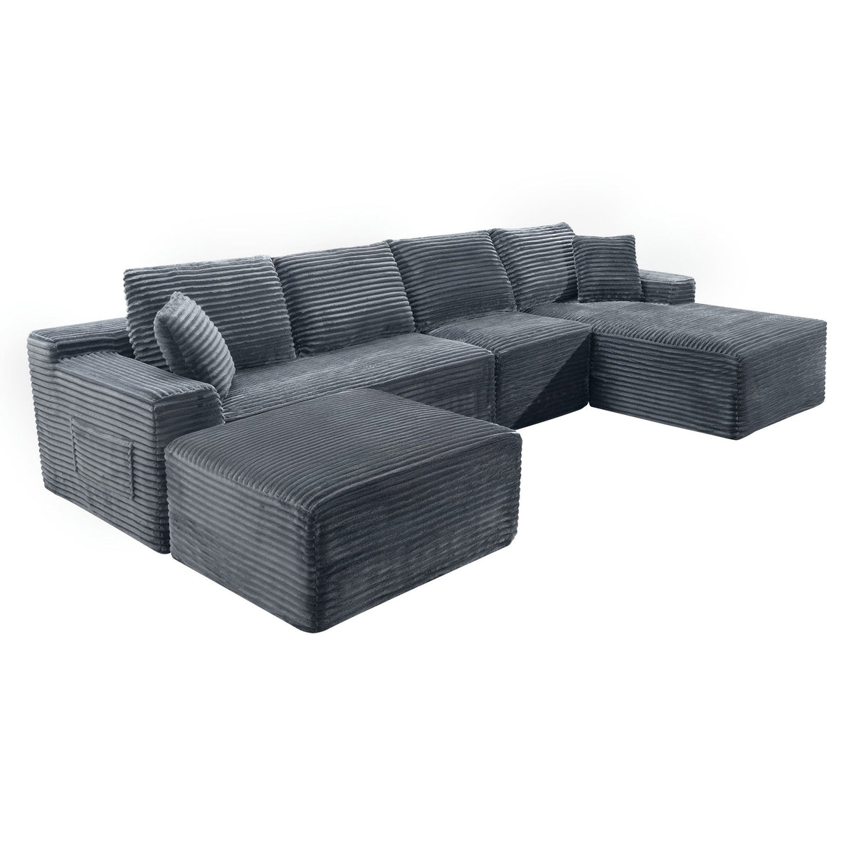 135.4" Upholstered Sectional Sofa, Corduroy Modular Floor Sofa with 2 Accent Pillows for Living Room - Sonkuki