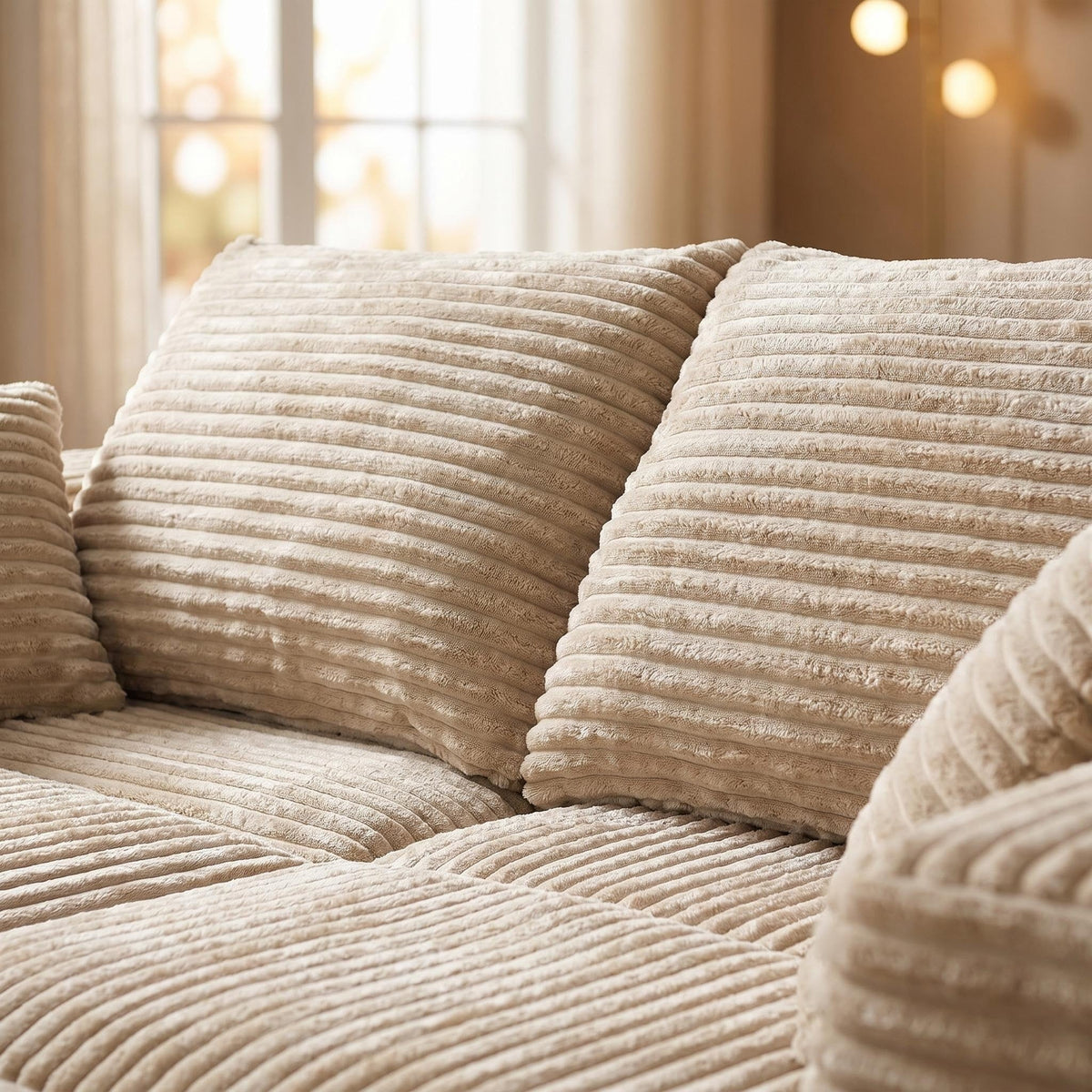 135.4" Upholstered Sectional Sofa, Corduroy Modular Floor Sofa with 2 Accent Pillows for Living Room - Sonkuki
