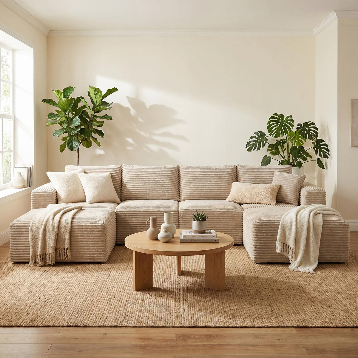 135.4" Upholstered Sectional Sofa, Corduroy Modular Floor Sofa with 2 Accent Pillows for Living Room - Sonkuki