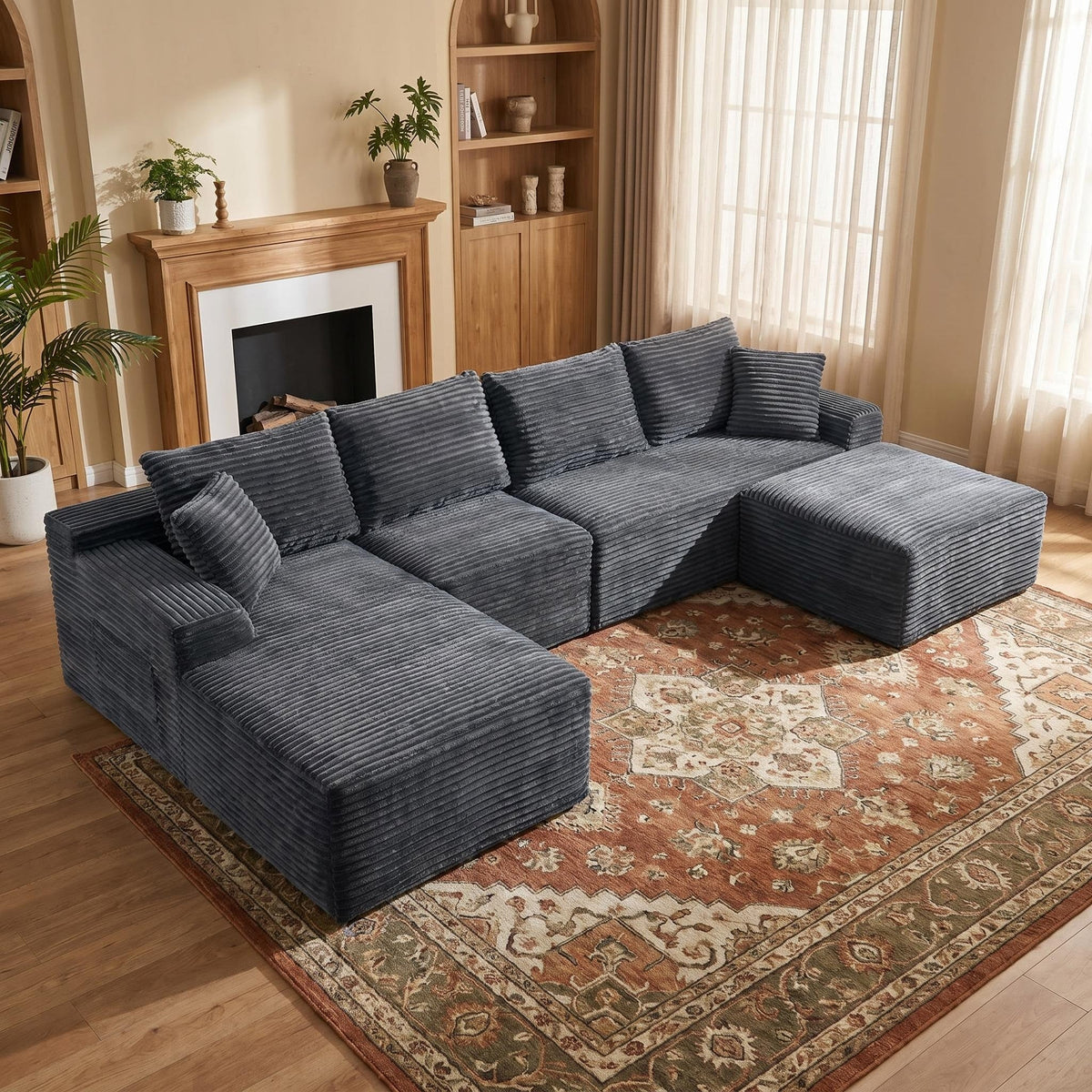 135.4" Upholstered Sectional Sofa, Corduroy Modular Floor Sofa with 2 Accent Pillows for Living Room - Sonkuki