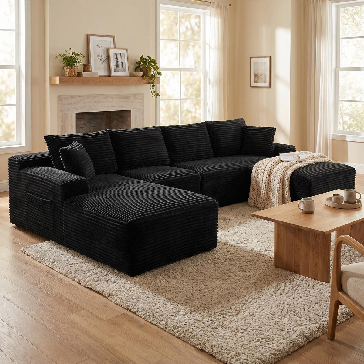 135.4" Upholstered Sectional Sofa, Corduroy Modular Floor Sofa with 2 Accent Pillows for Living Room - Sonkuki