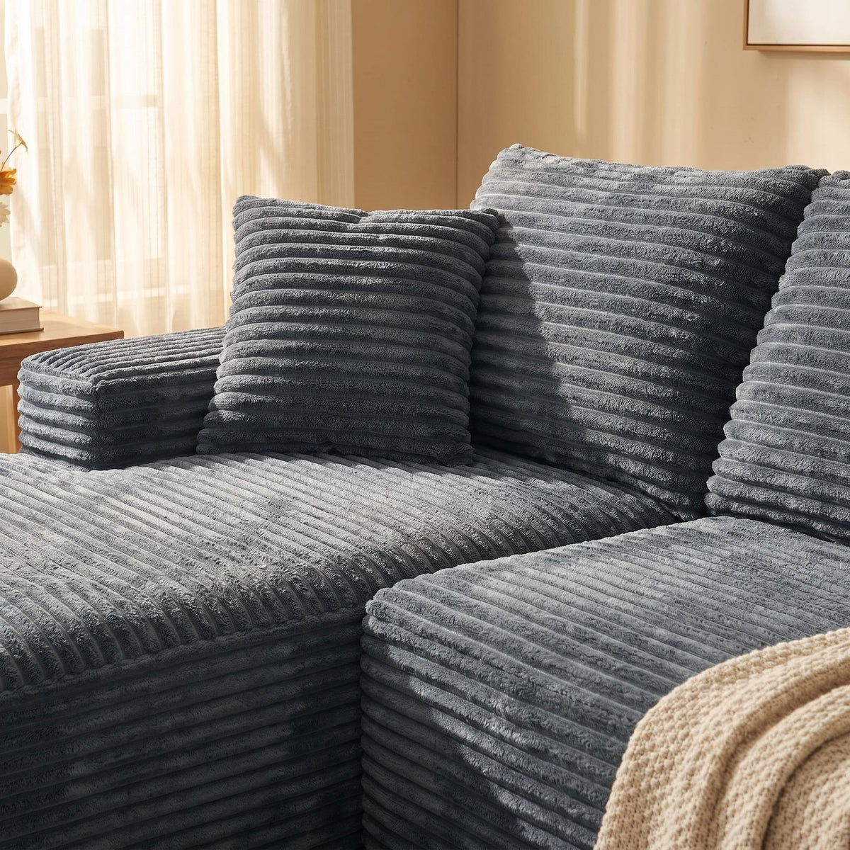 135.4" Upholstered Sectional Sofa, Corduroy Modular Floor Sofa with 2 Accent Pillows for Living Room - Sonkuki