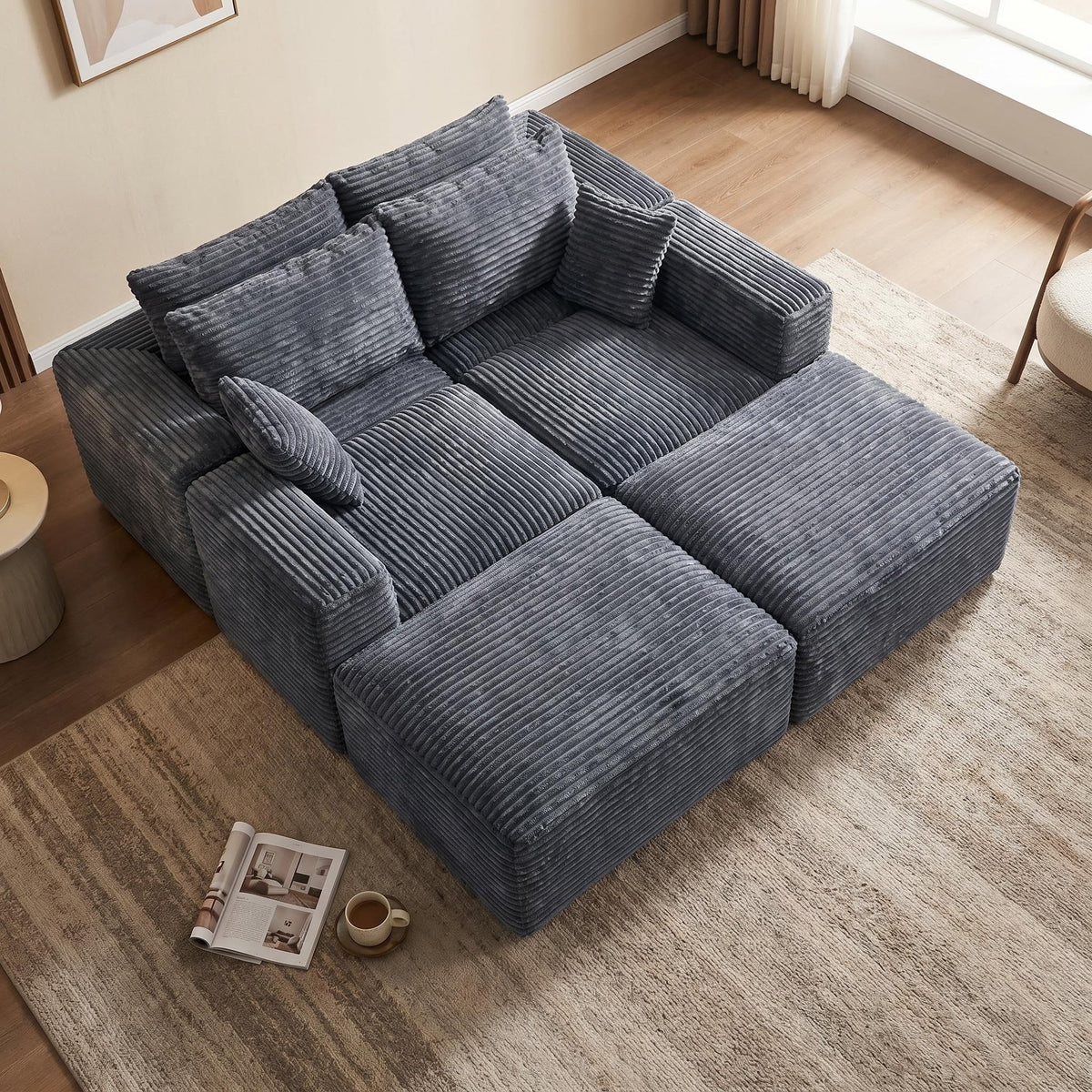 135.4" Upholstered Sectional Sofa, Corduroy Modular Floor Sofa with 2 Accent Pillows for Living Room - Sonkuki