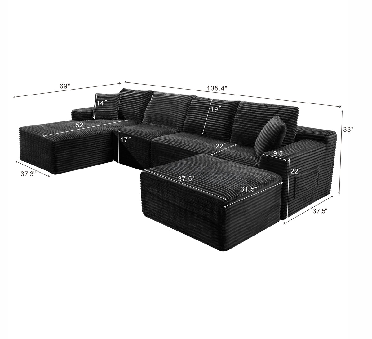 135.4" Upholstered Sectional Sofa, Corduroy Modular Floor Sofa with 2 Accent Pillows for Living Room - Sonkuki