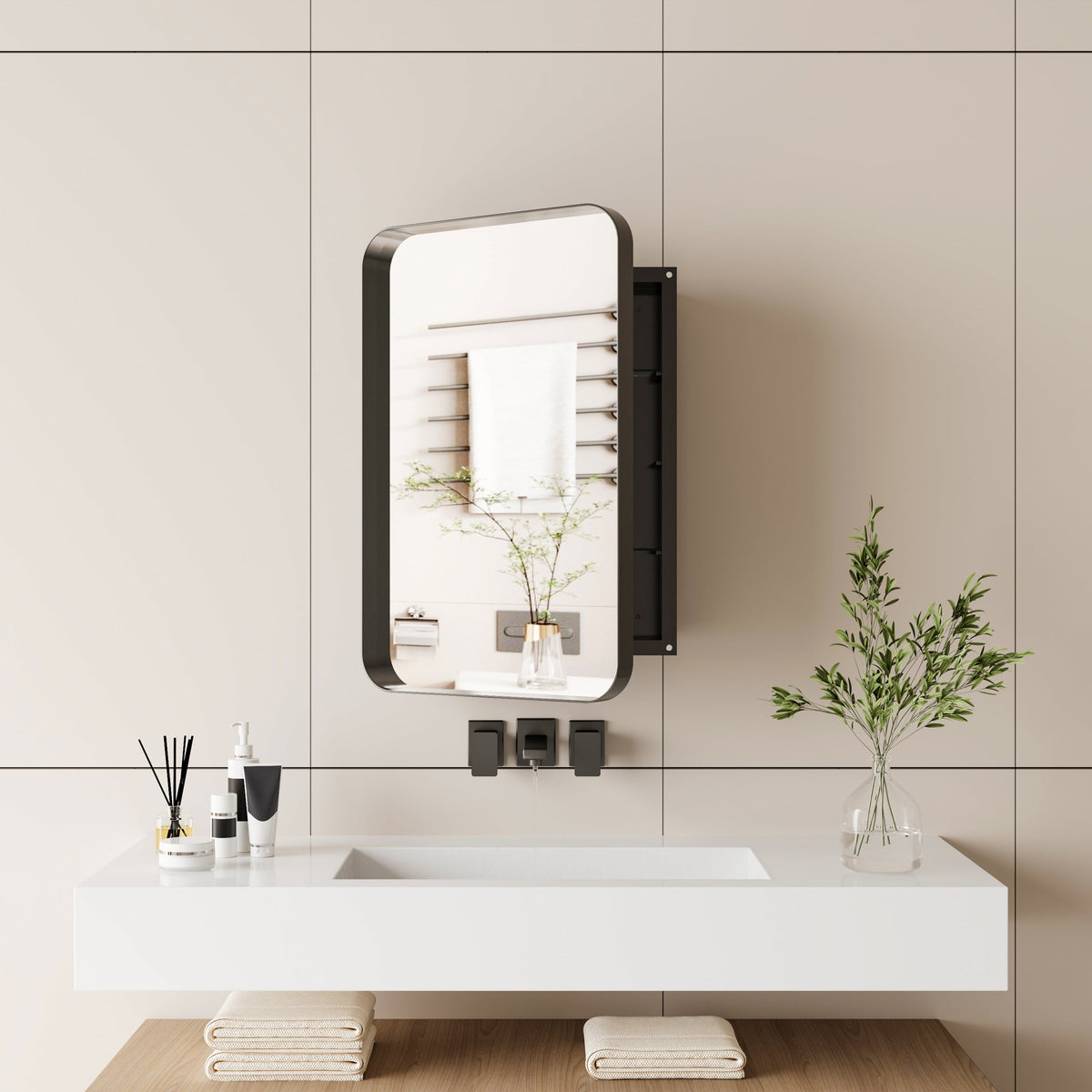 16x24 Inch Recessed Metal Framed Medicine Cabinet with Mirror - Sonkuki