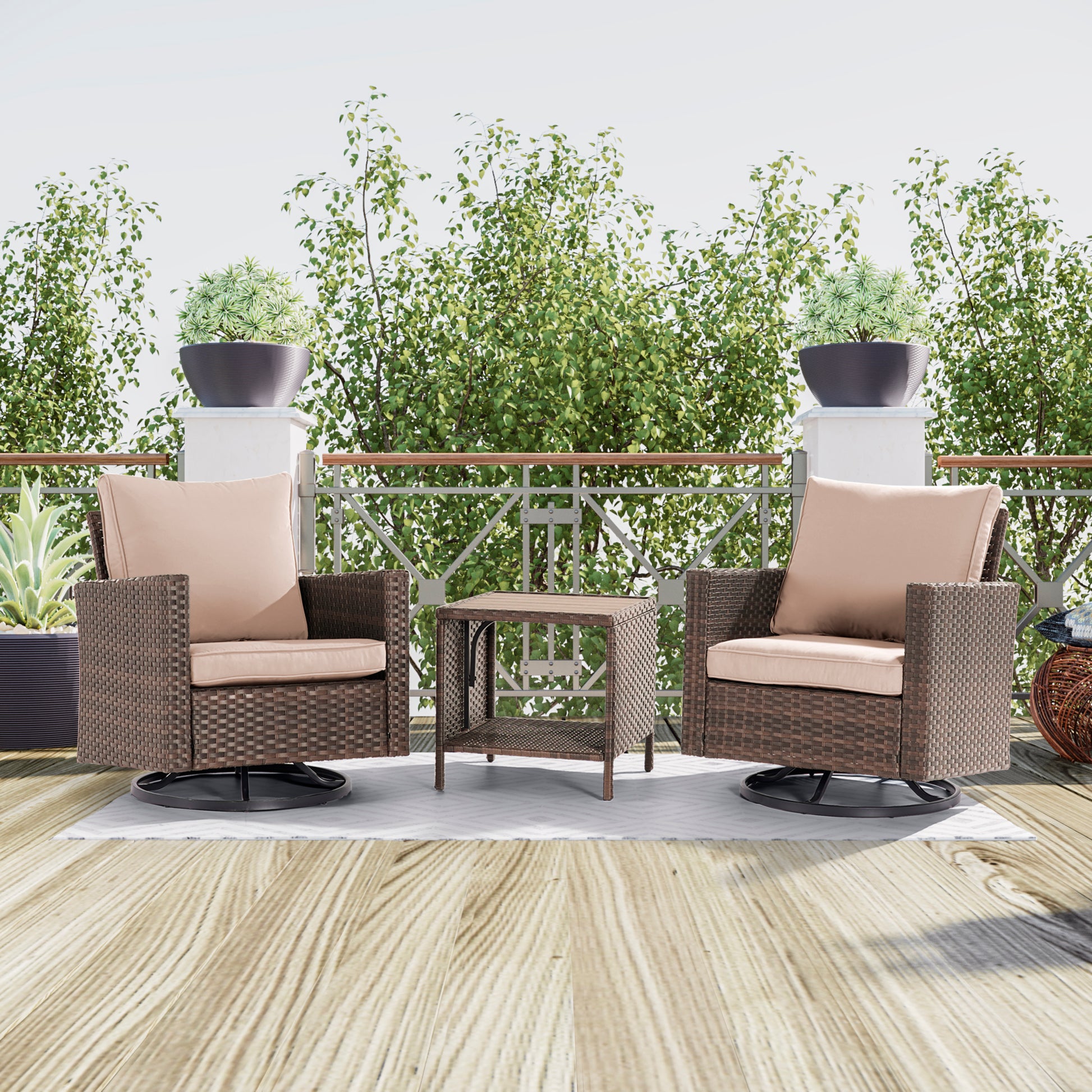 SONKUKI 3-Piece Patio Sofa Set Brown Rattan Swivel Rocking Chair Set Coffee Table Suiting Backyard, Poolside and Patio.